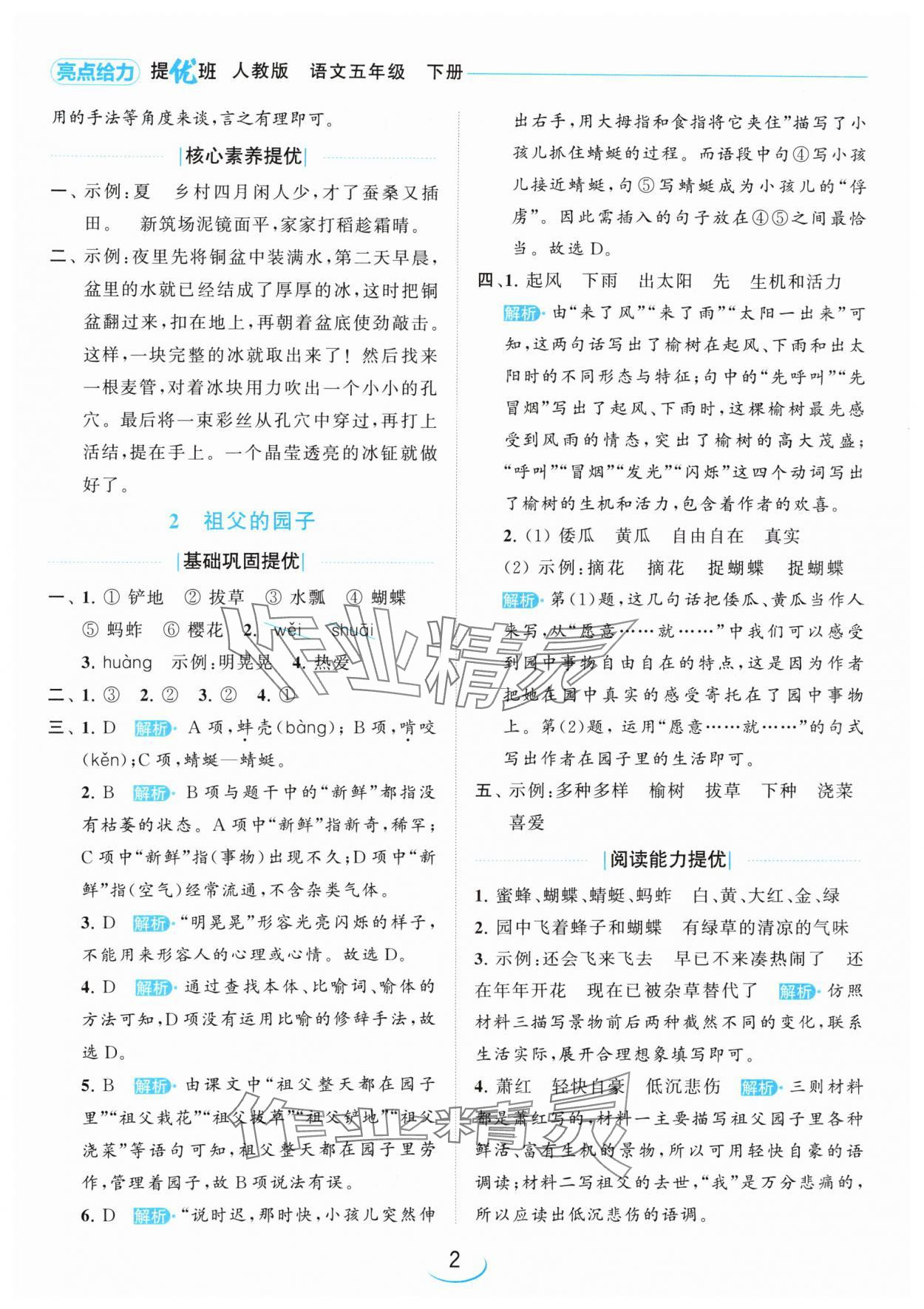 2024年亮點(diǎn)給力提優(yōu)班五年級語文下冊人教版 參考答案第2頁