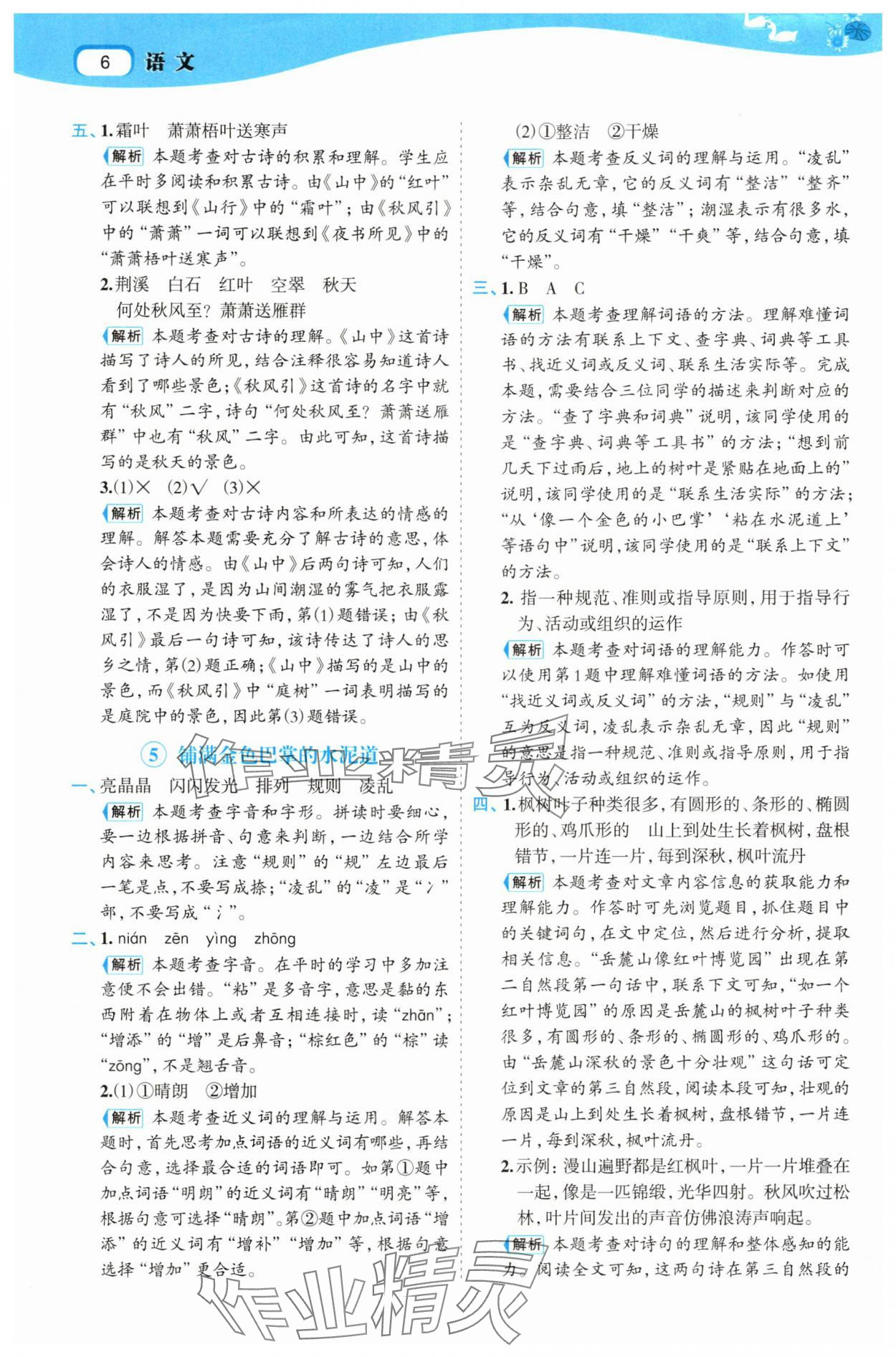 2025年名师面对面先学后练三年级语文上册人教版&nbsp;参考答案第6页