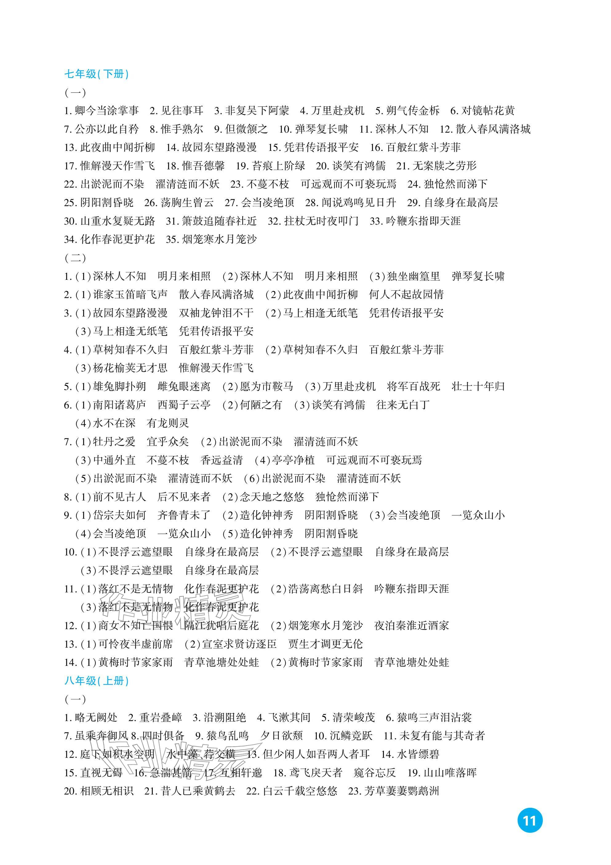 2026年中考总复习新疆文化出版社语文&nbsp;参考答案第11页