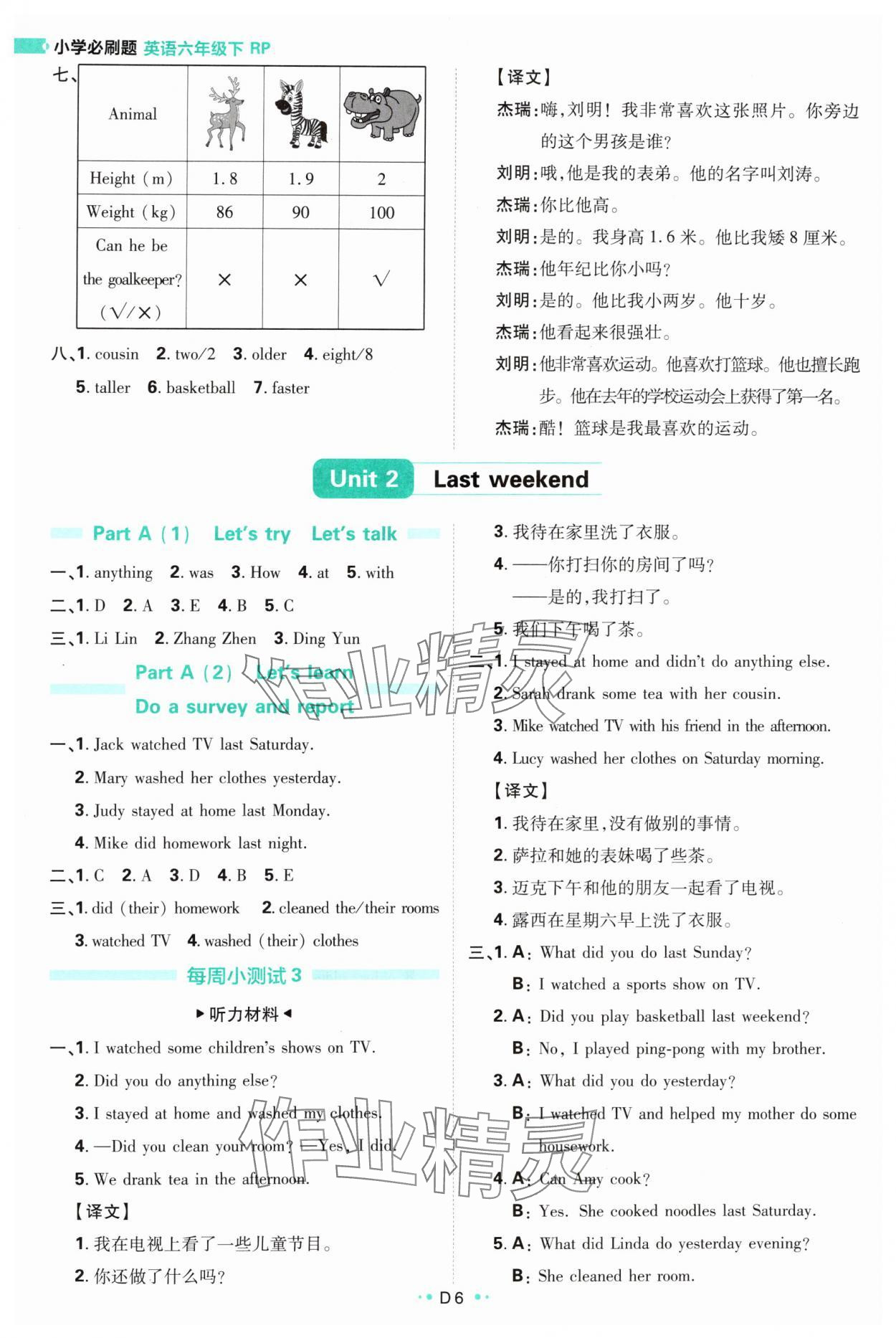 2024年小学必刷题六年级英语下册人教版 参考答案第6页