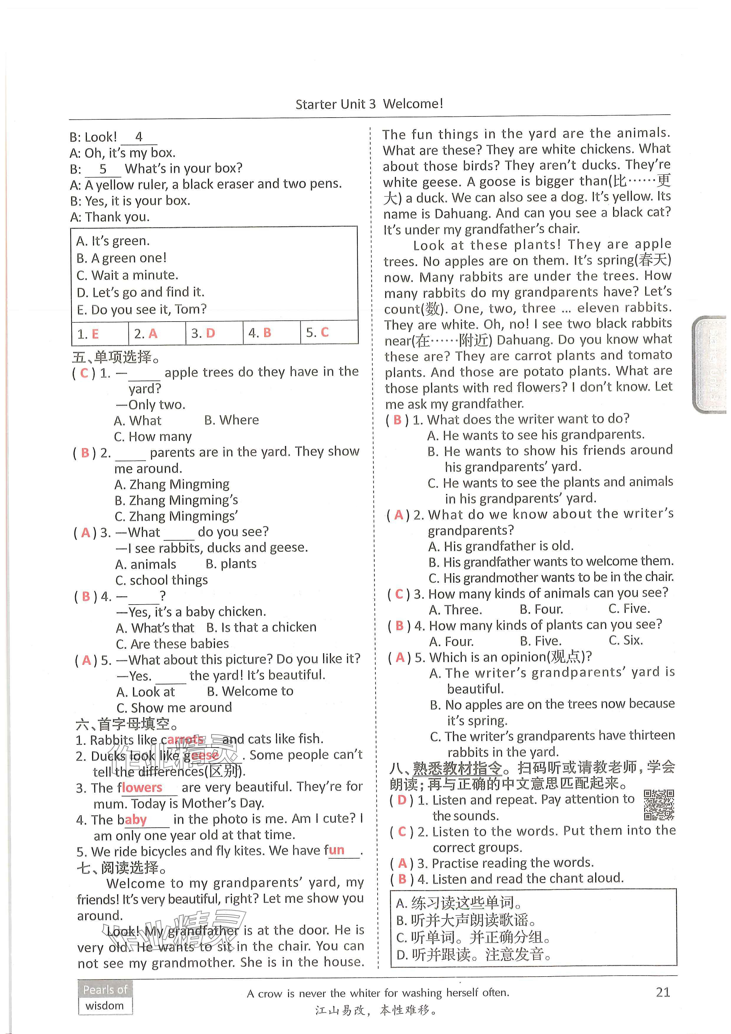 2024年新视界单元复习七年级英语上册人教版&nbsp;参考答案第20页