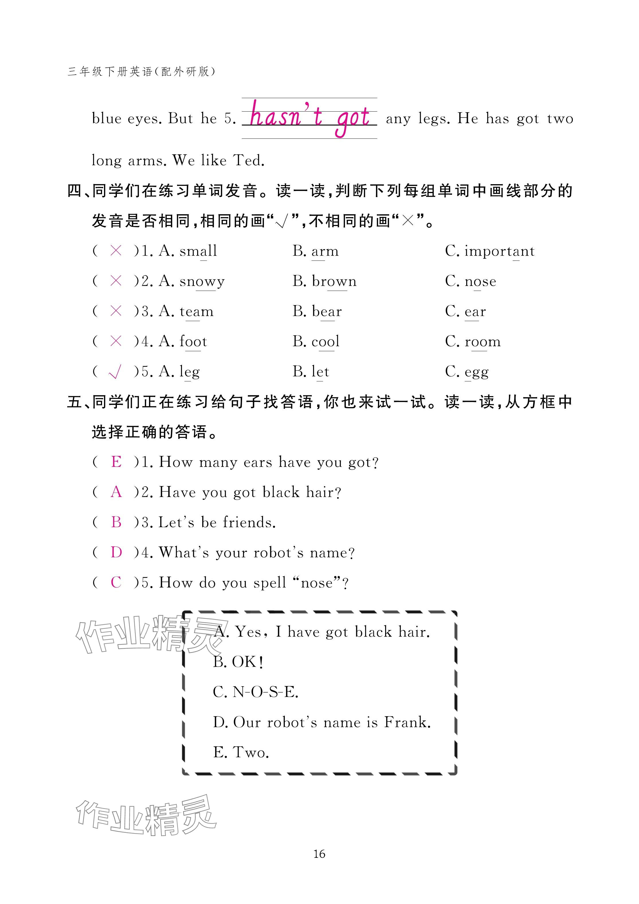 2025年作業(yè)本江西教育出版社三年級英語下冊外研版 參考答案第16頁