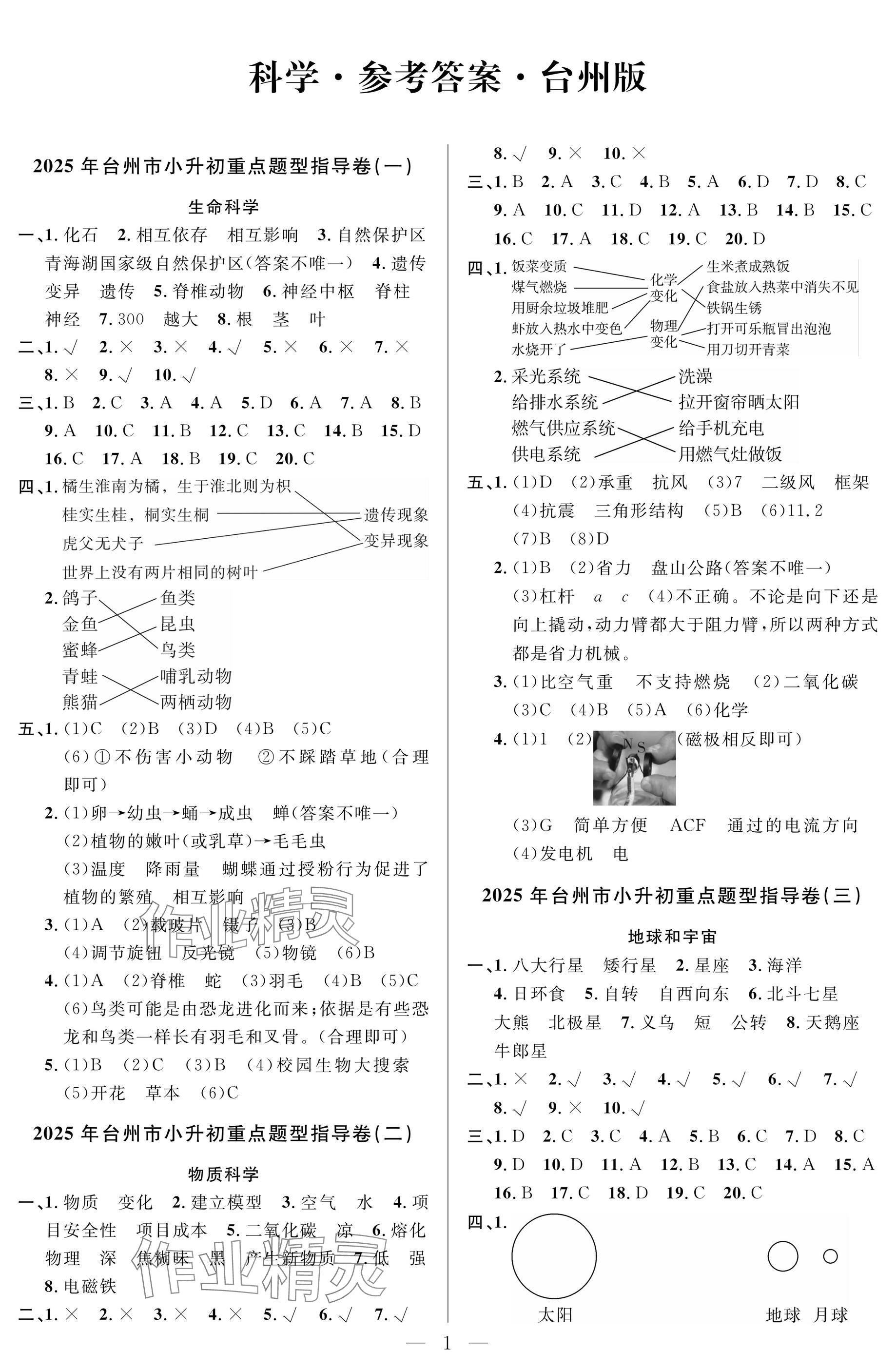 2025年小學畢業特訓卷科學臺州專版 參考答案第1頁
