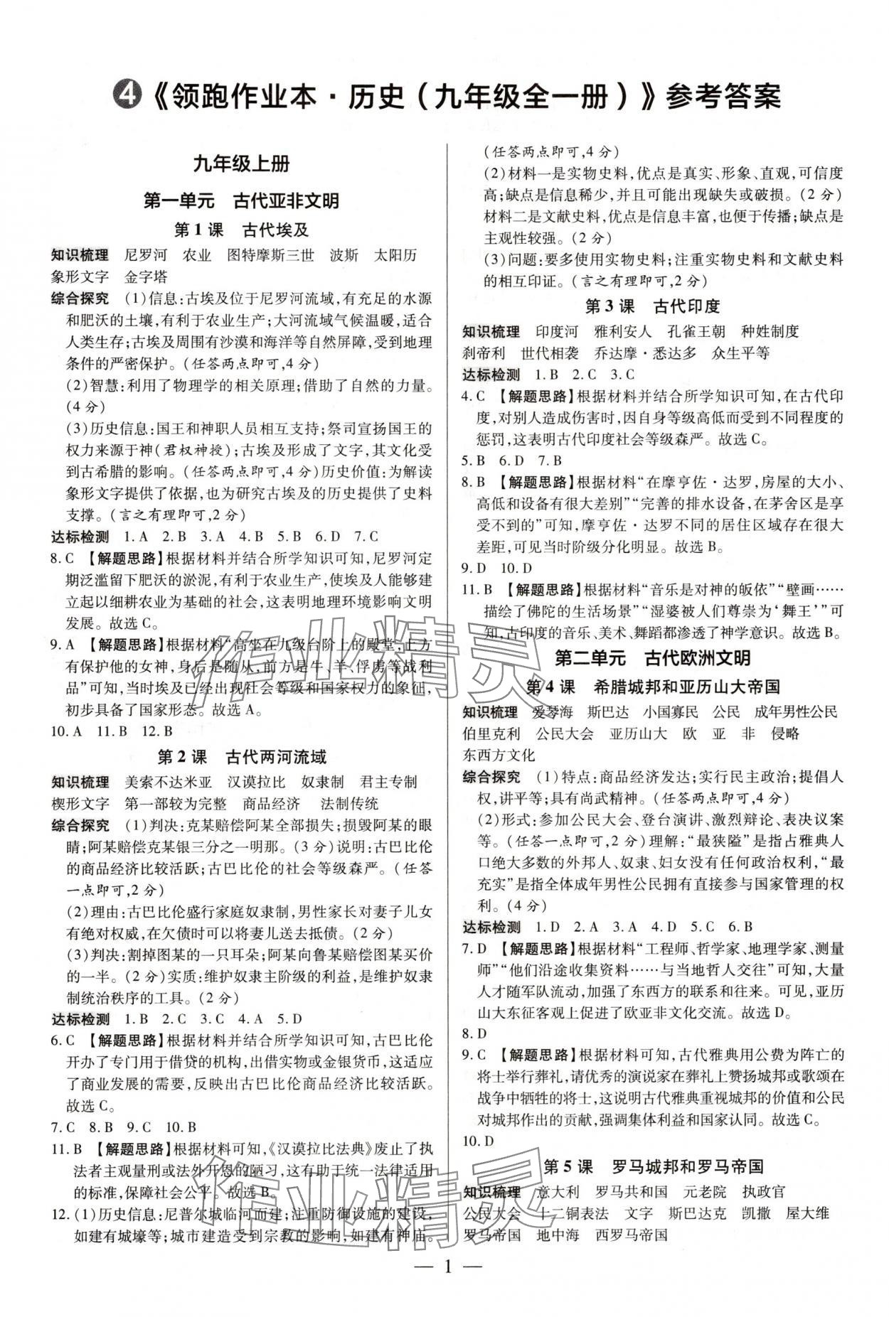 2025年領跑作業本九年級歷史全一冊人教版深圳專版 第1頁