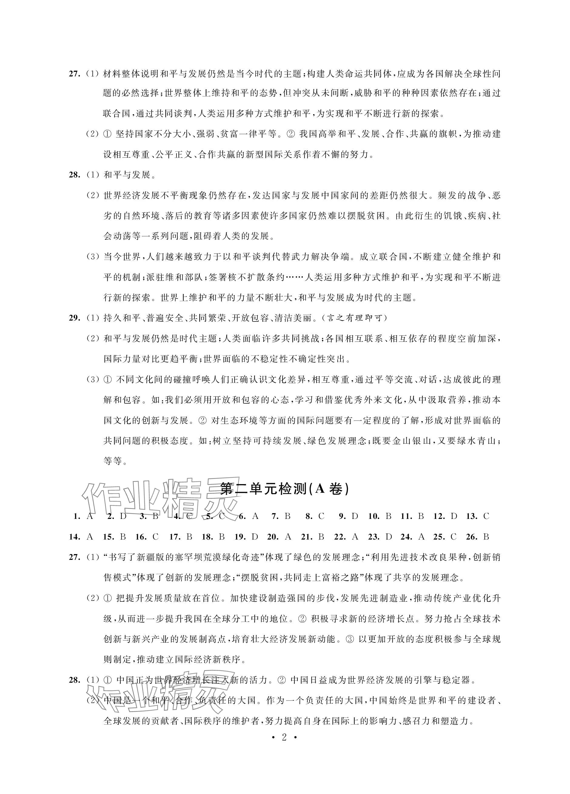 2024年绿色成长互动空间配套练习九年级道德与法治下册人教版 参考答案第2页