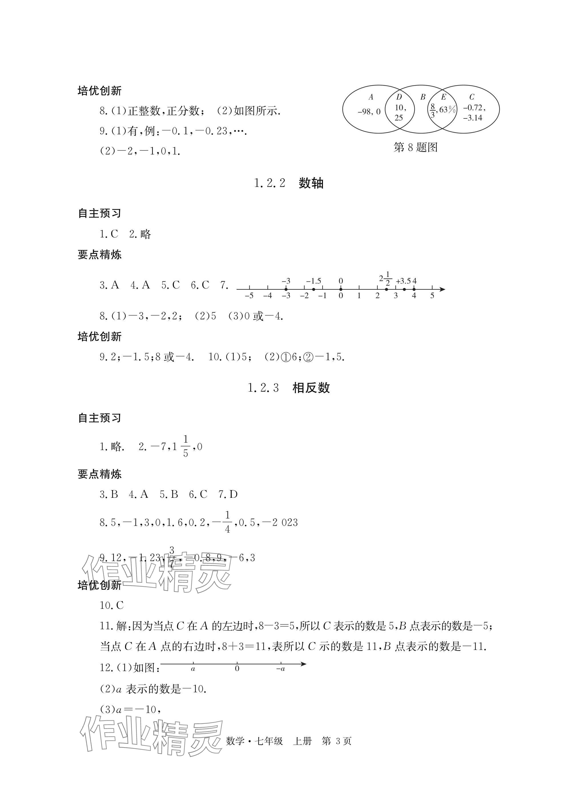 2025年自主学习指导课程与测试七年级数学上册人教版&nbsp;参考答案第3页