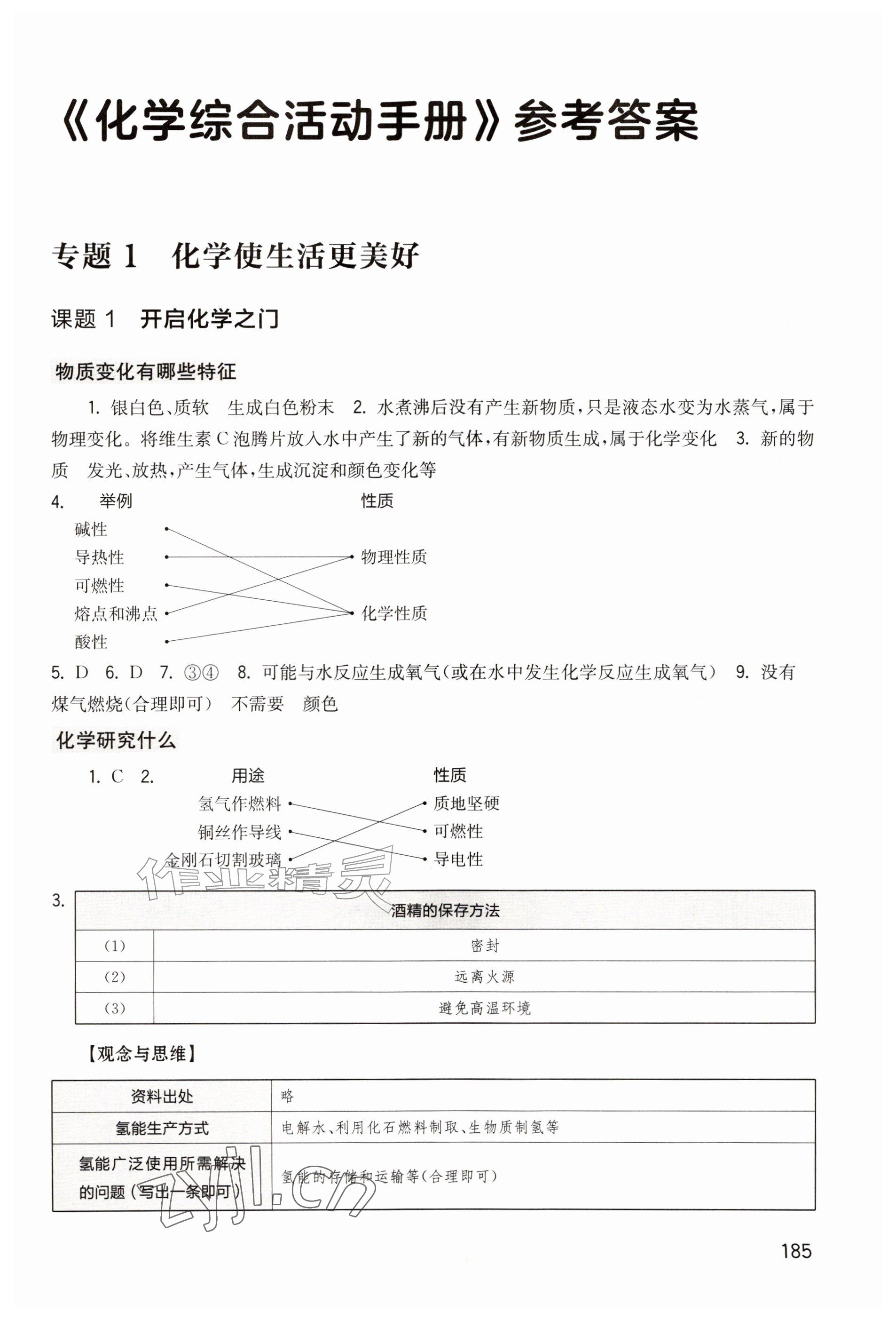 2026年综合活动手册八年级化学上册沪教版五四制&nbsp;参考答案第1页