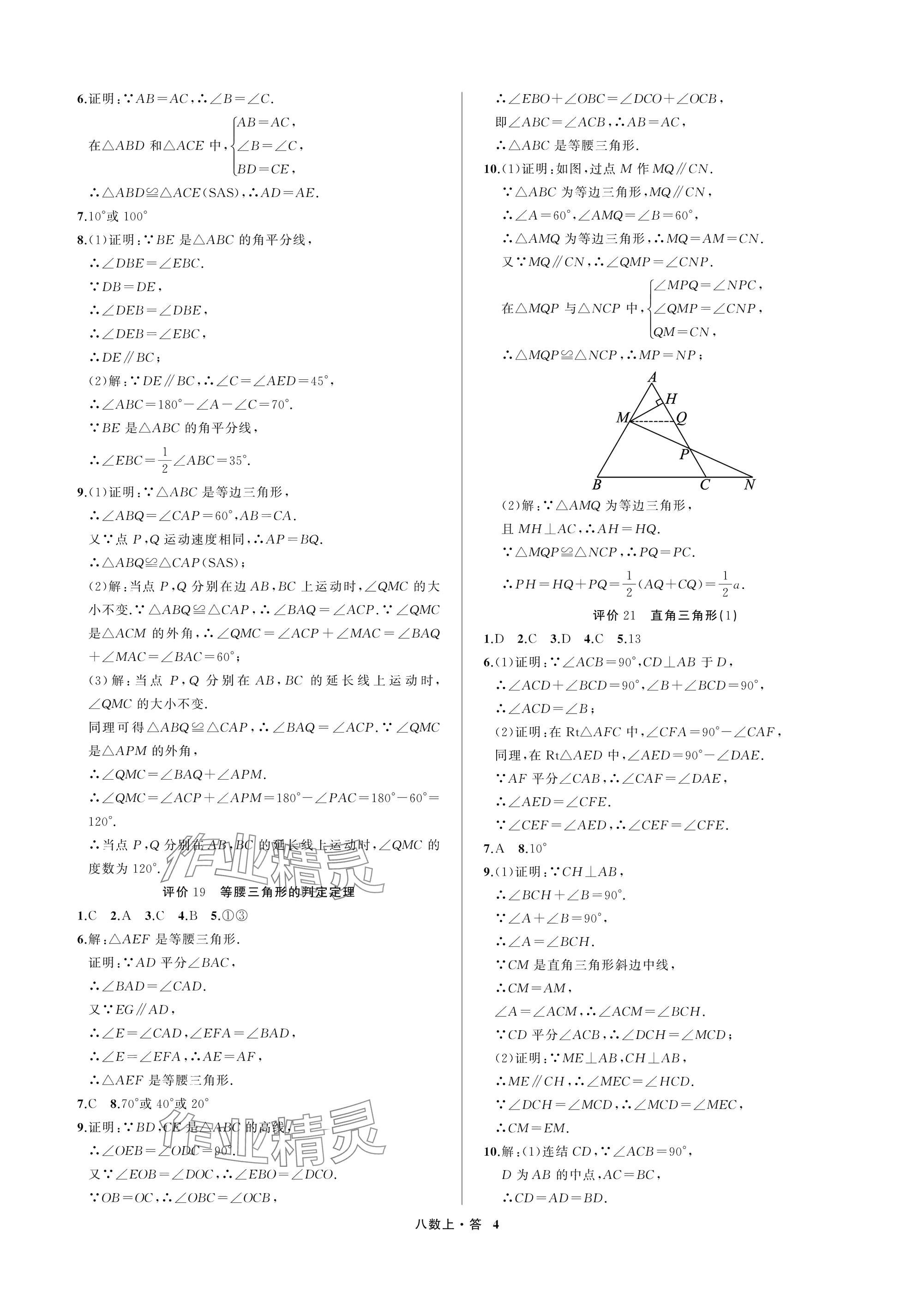 2025年名师面对面学科素养评价八年级数学上册浙教版&nbsp;参考答案第4页