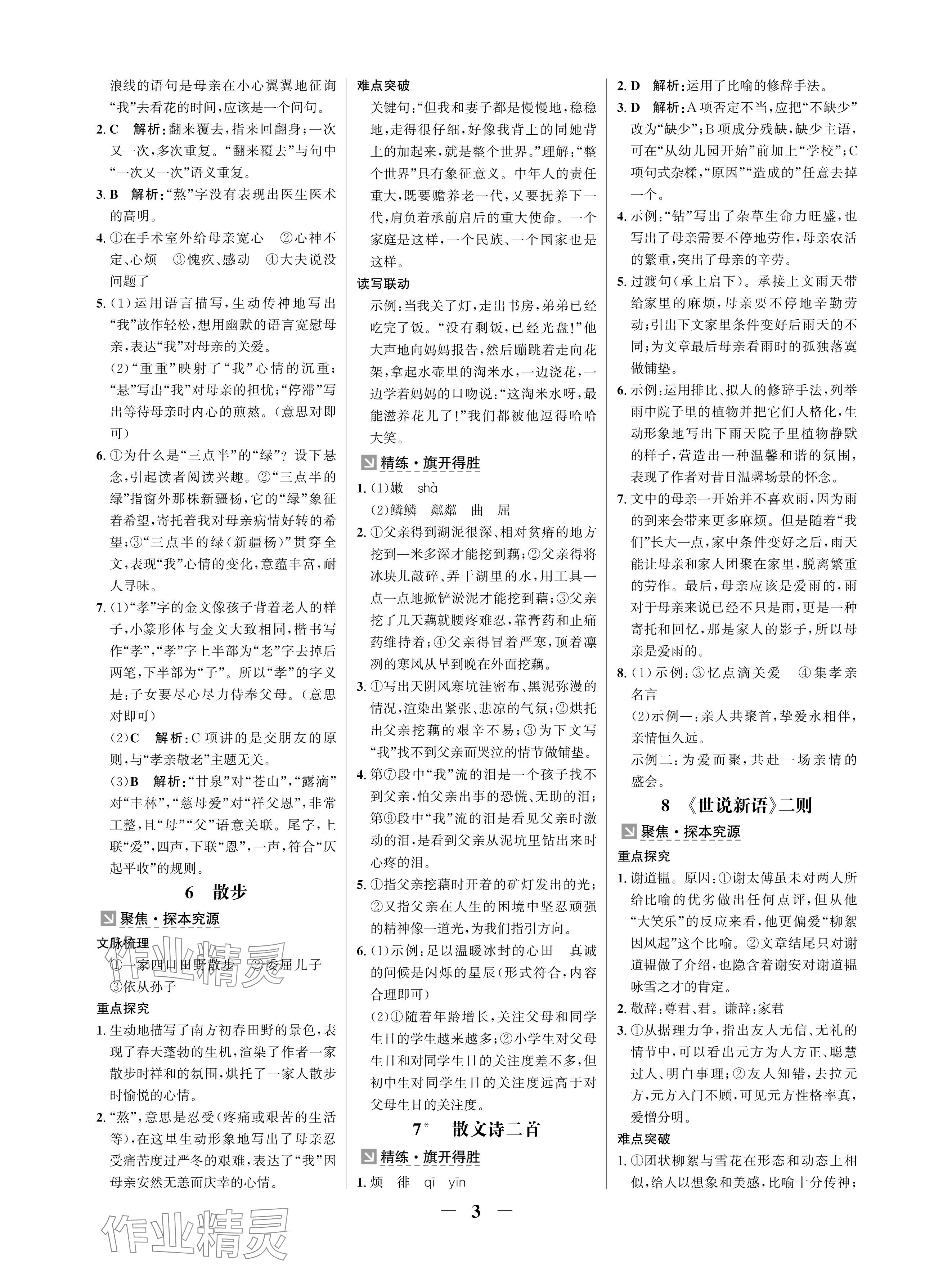 2024年配套綜合練習甘肅七年級語文上冊人教版 參考答案第3頁