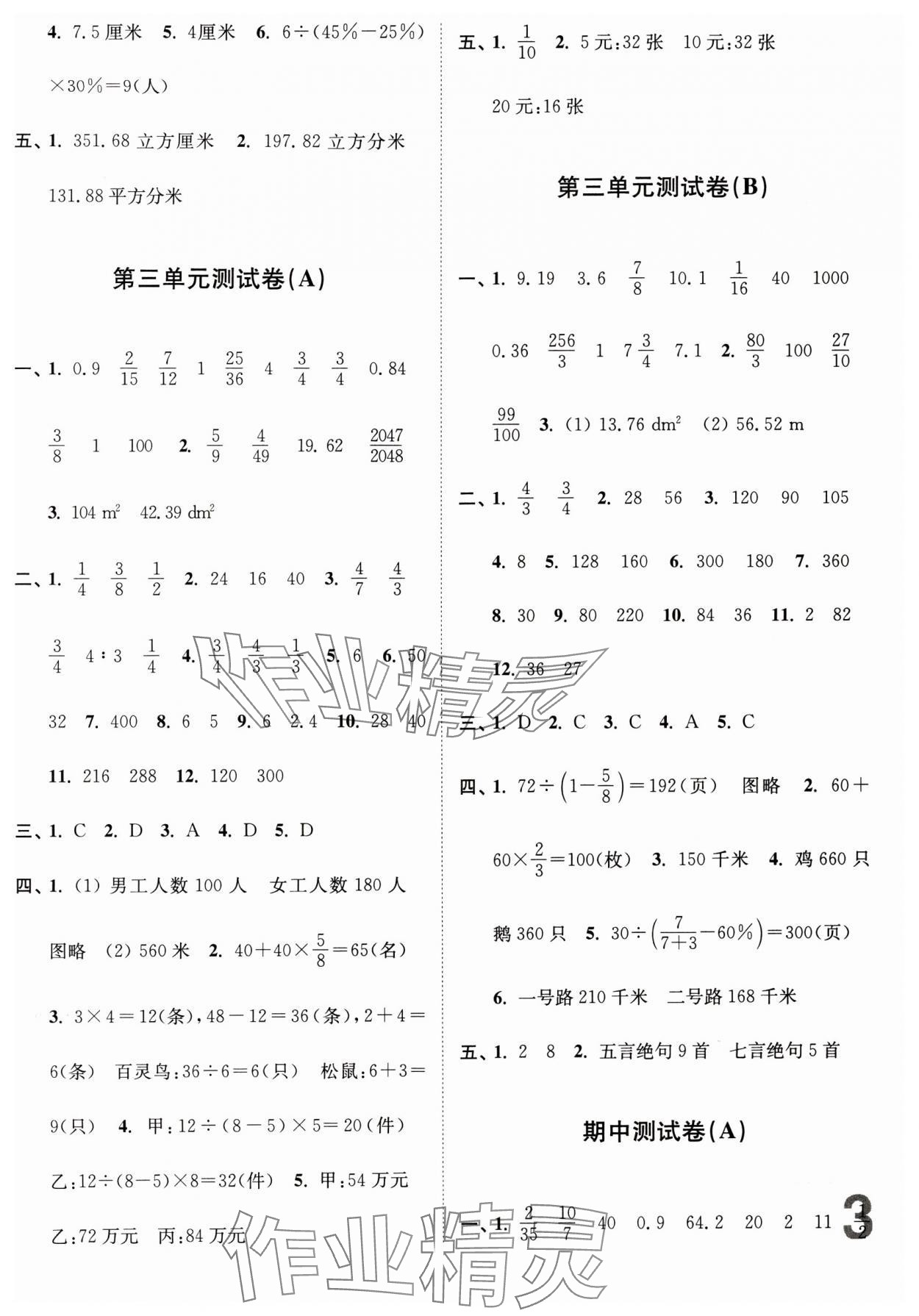 2024年江苏密卷六年级数学下册苏教版 参考答案第3页