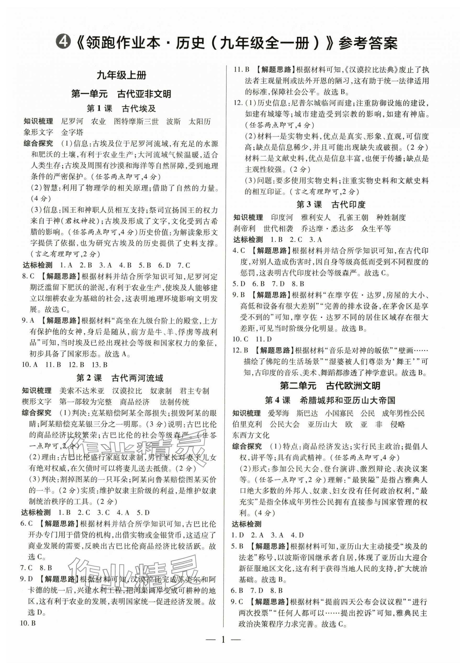 2025年領跑作業本九年級歷史全一冊人教版廣東專版 第1頁