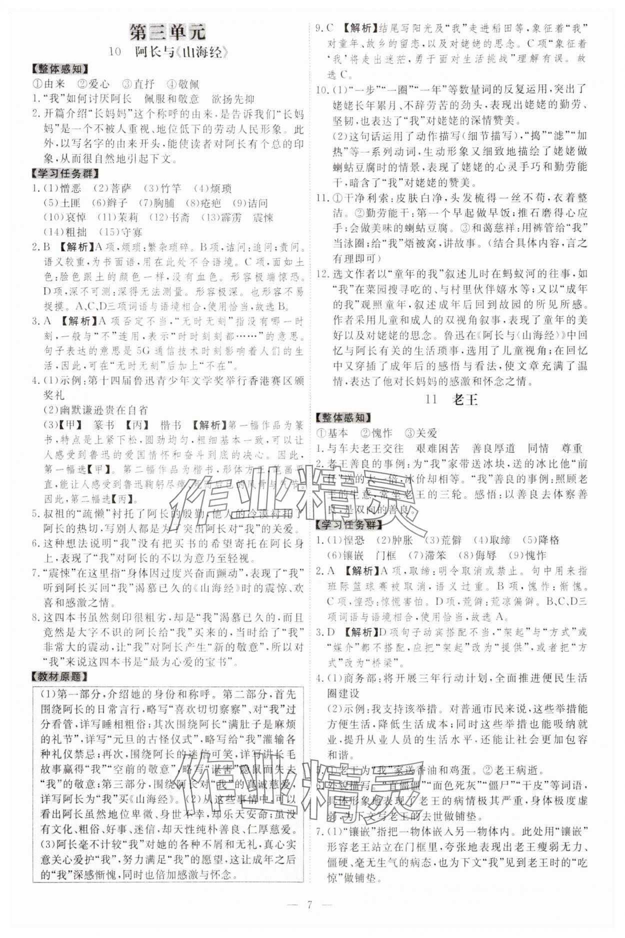 2024年同步?jīng)_刺七年級語文下冊人教版 參考答案第7頁