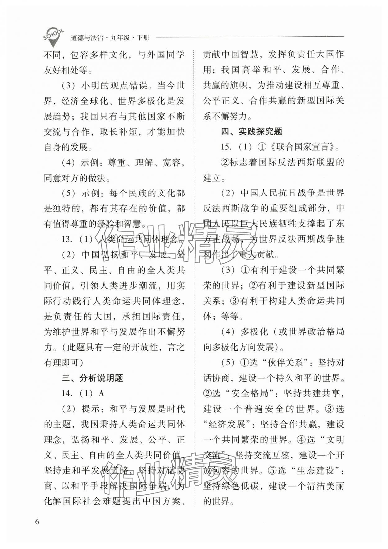 2025年新課程問題解決導學方案九年級道德與法治下冊人教版 參考答案第6頁
