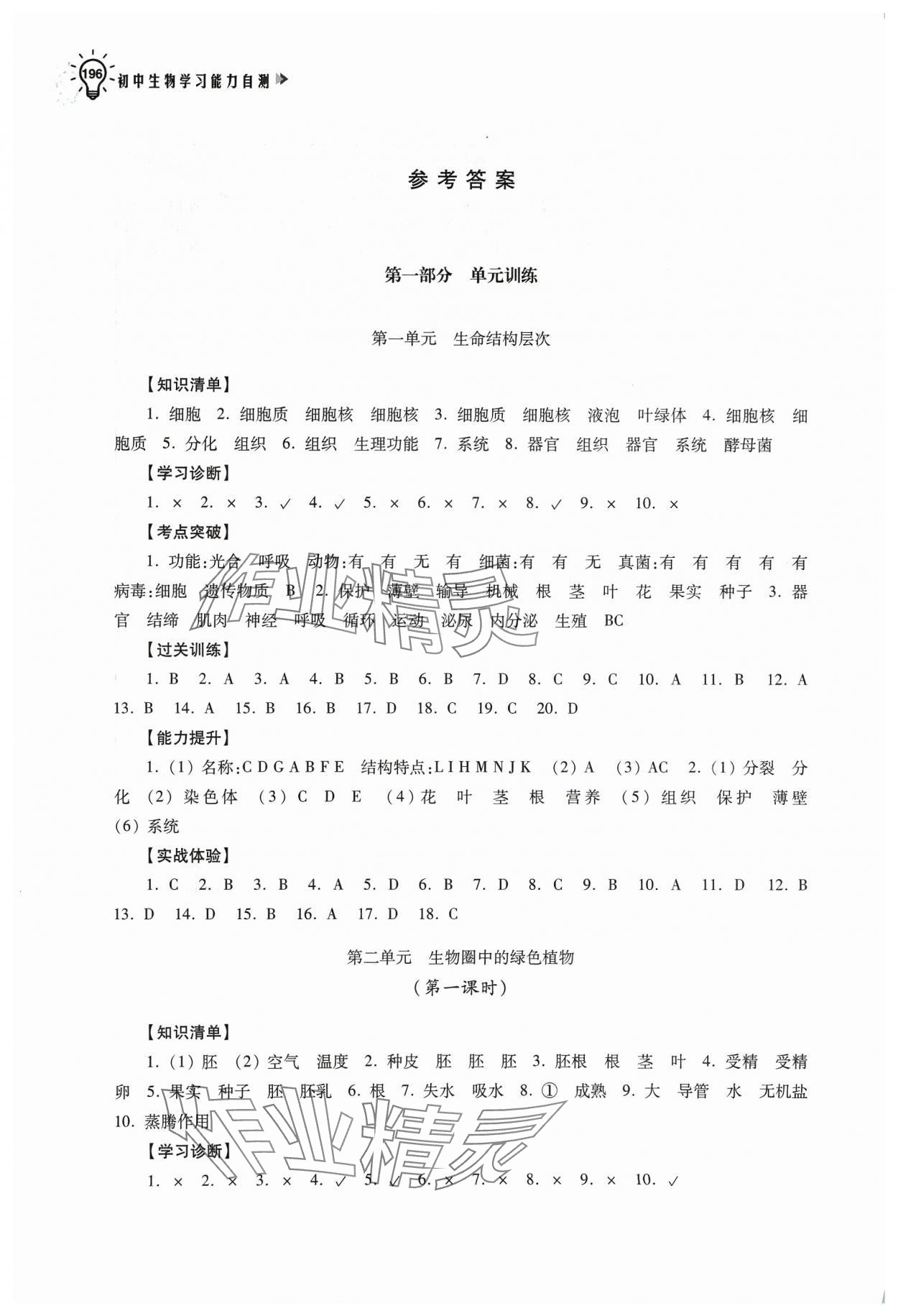 2024年初中生物學習能力自測 參考答案第1頁