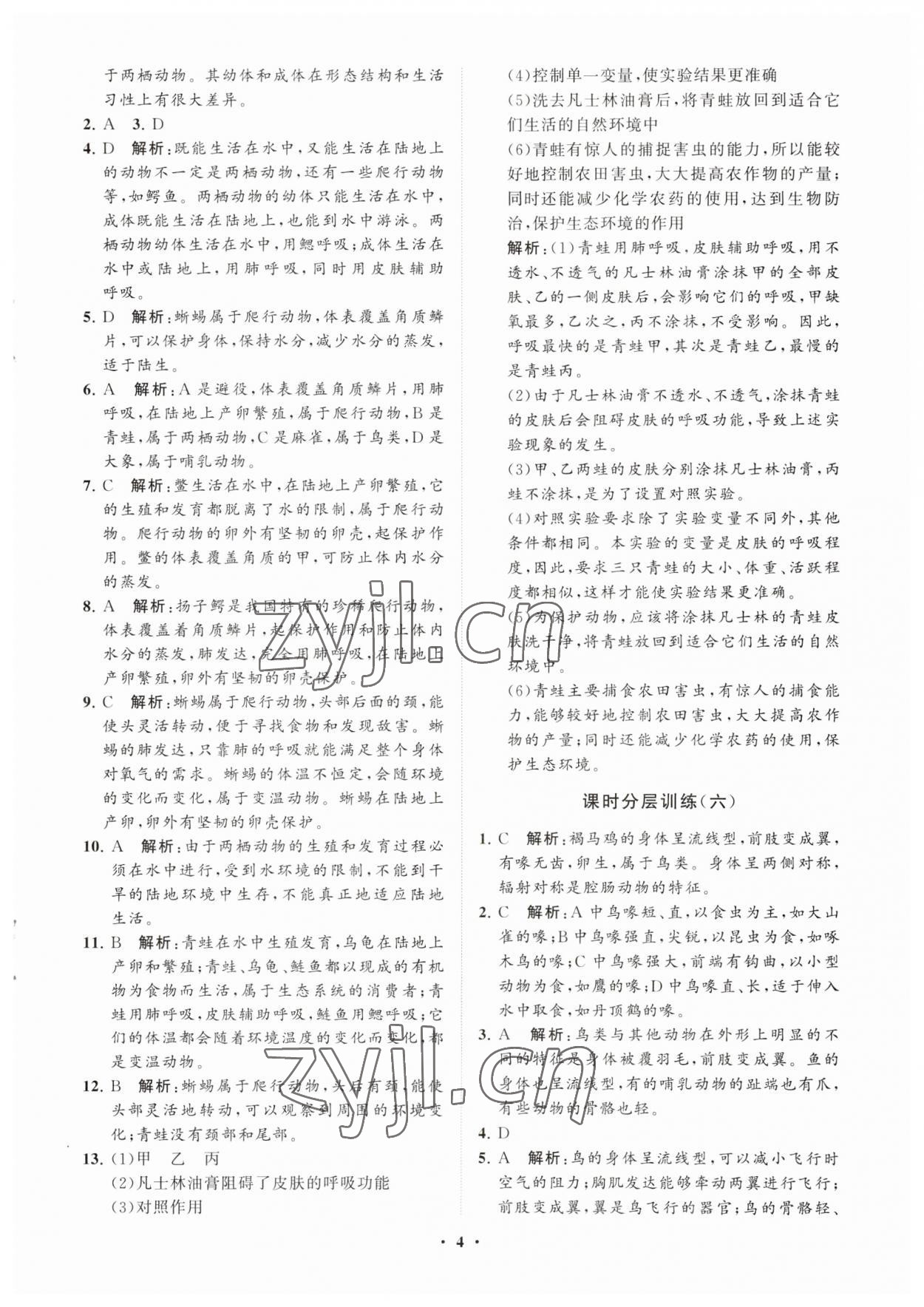 2023年初中同步练习册分层卷八年级生物学上册鲁科版五四制 参考答案第4页