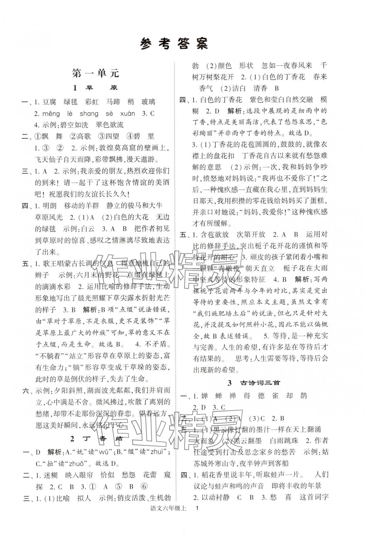 2024年经纶学典提高班六年级语文上册人教版 参考答案第1页