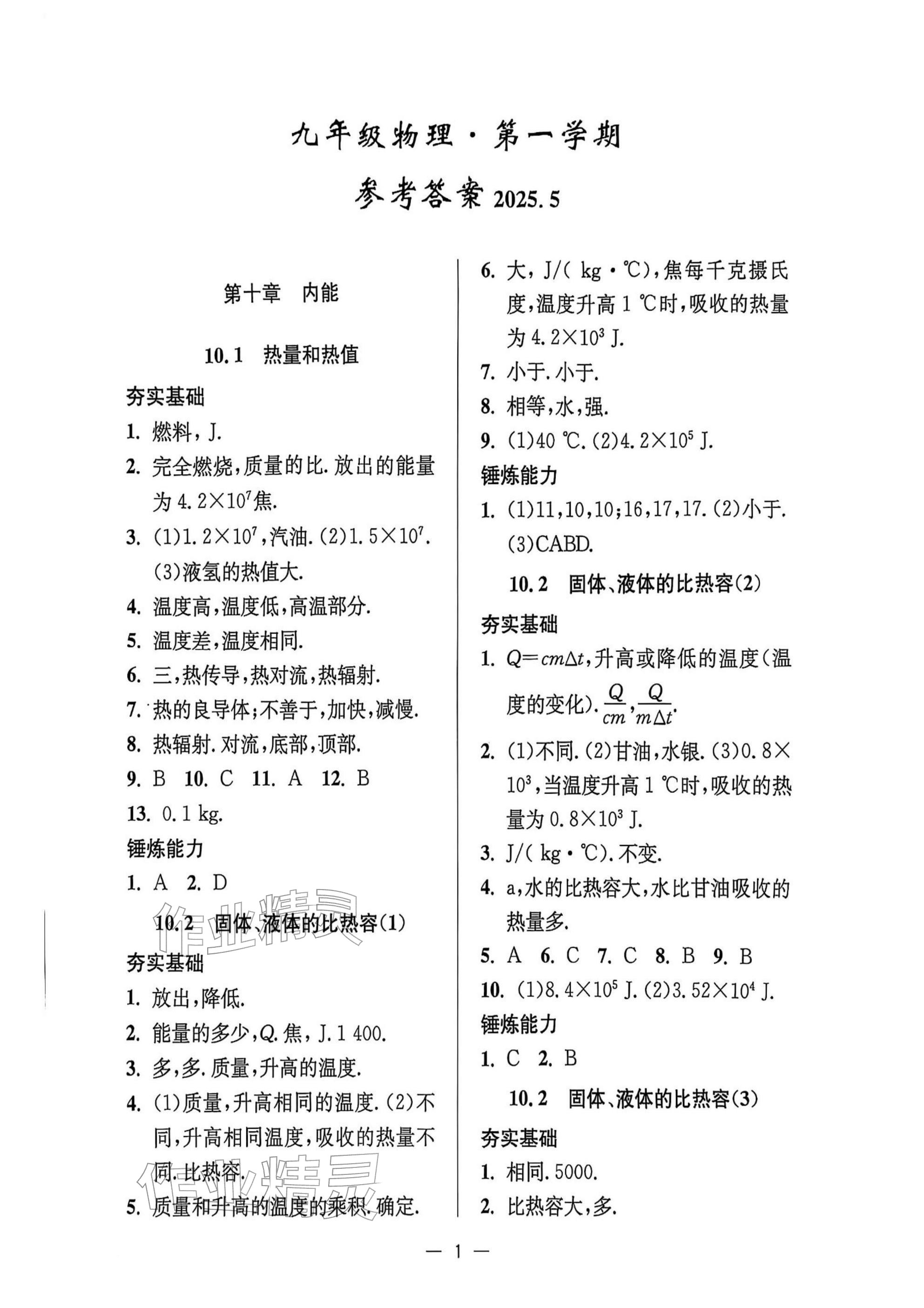 2025年中学生世界九年级物理第一学期沪教版54制 参考答案第1页