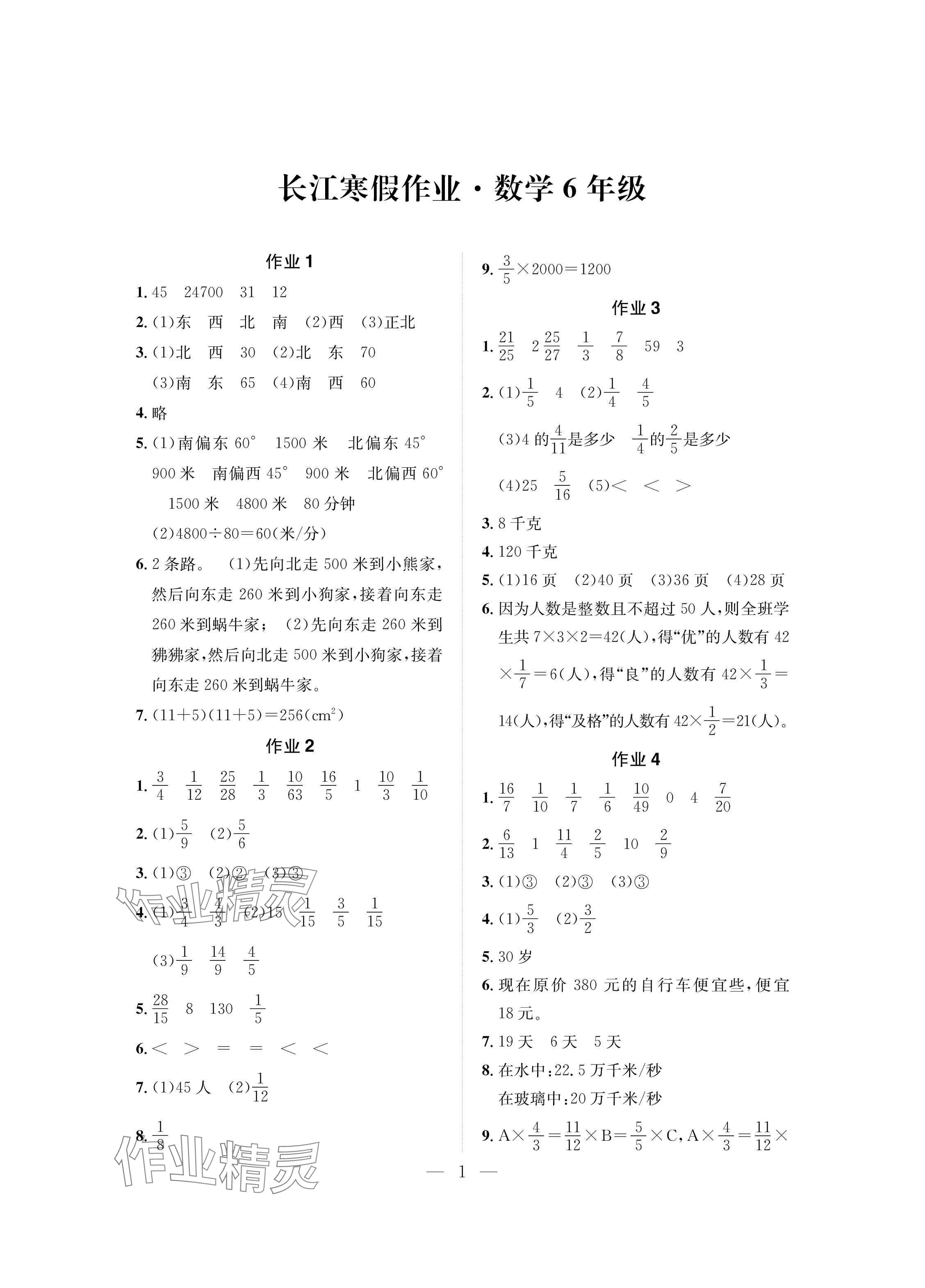 2025年长江寒假作业崇文书局数学六年级 参考答案第1页