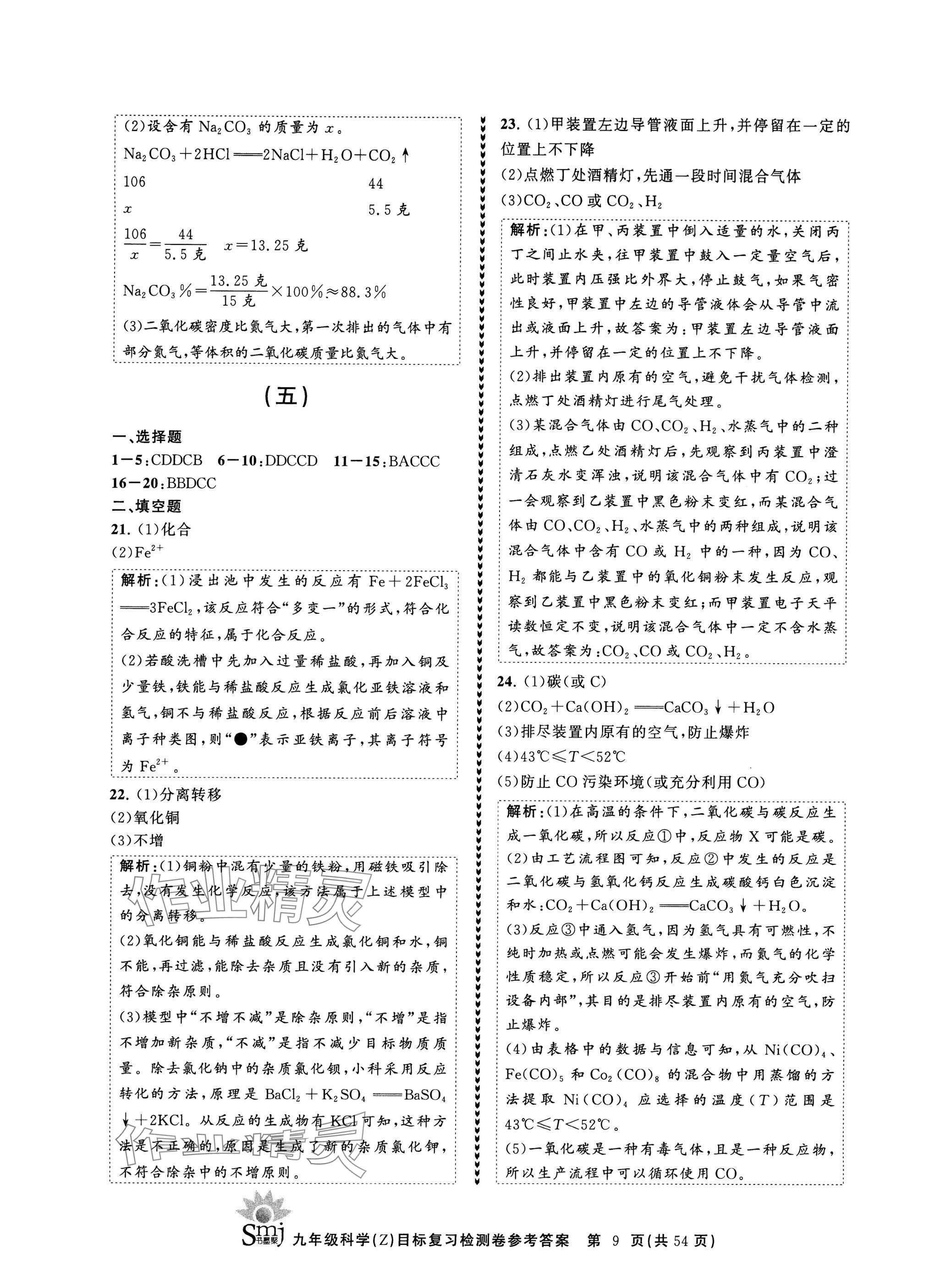 2024年目標(biāo)復(fù)習(xí)檢測卷九年級科學(xué)全一冊浙教版 參考答案第9頁