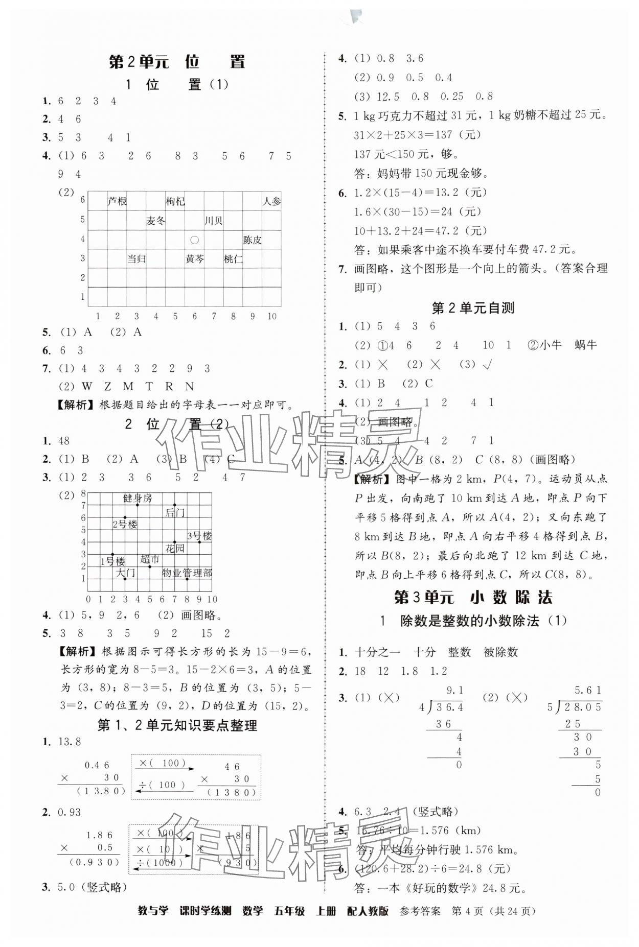 2024年教與學(xué)課時(shí)學(xué)練測(cè)五年級(jí)數(shù)學(xué)上冊(cè)人教版 參考答案第4頁(yè)