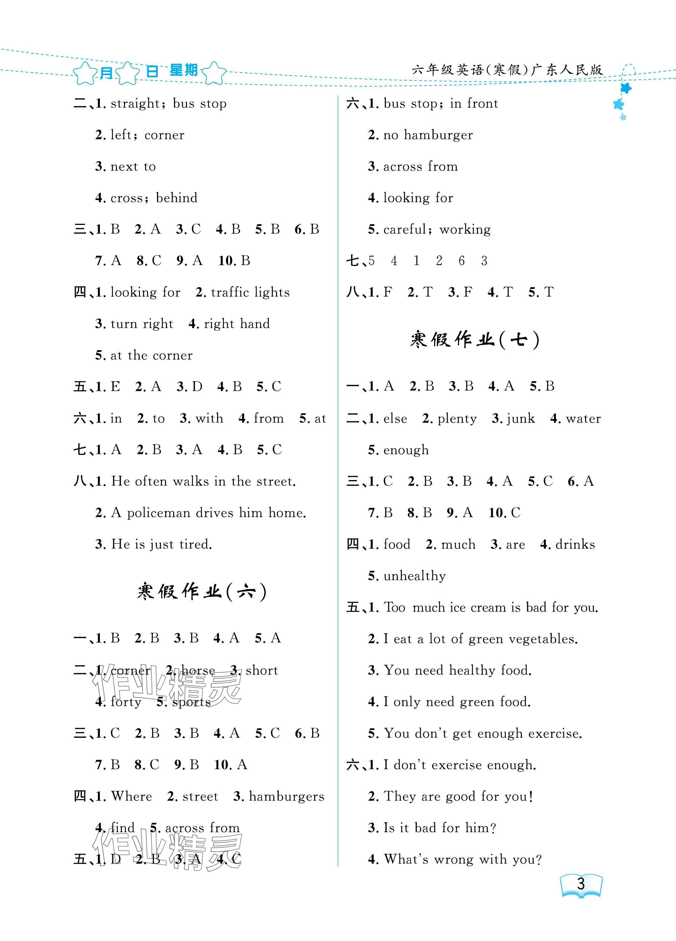 2025年陽光假日寒假六年級(jí)英語粵人版 參考答案第3頁