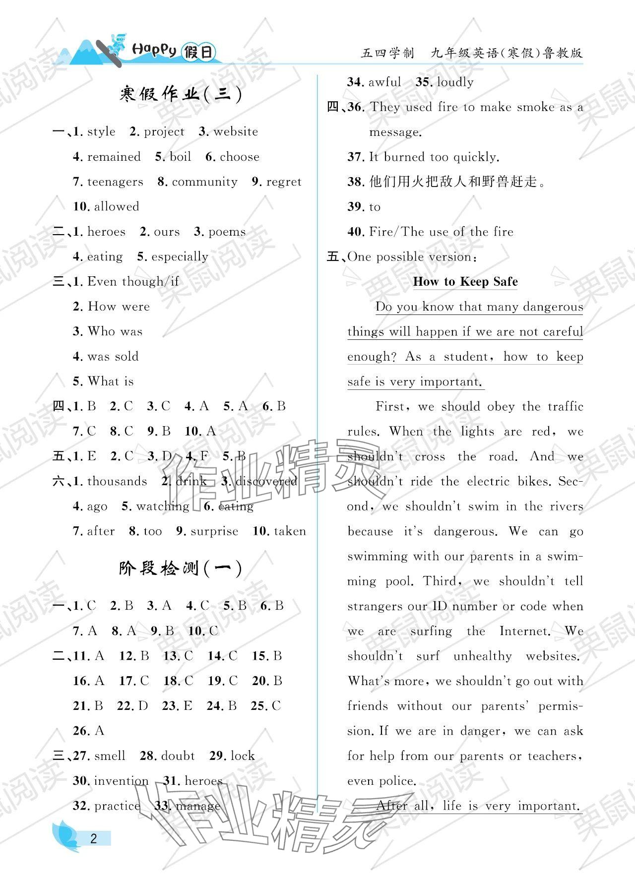 2024年寒假Happy假日九年级英语鲁教版五四制 参考答案第2页