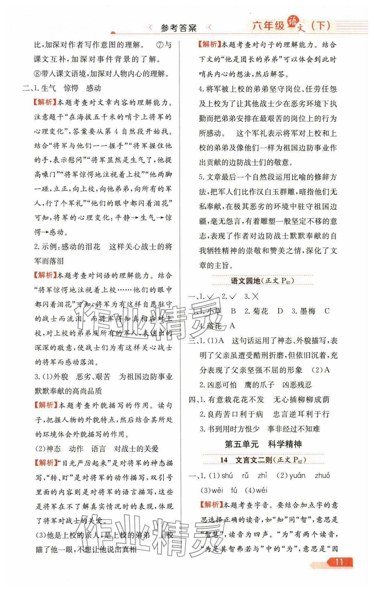 2025年教材全练六年级语文下册人教版广东专版 参考答案第11页