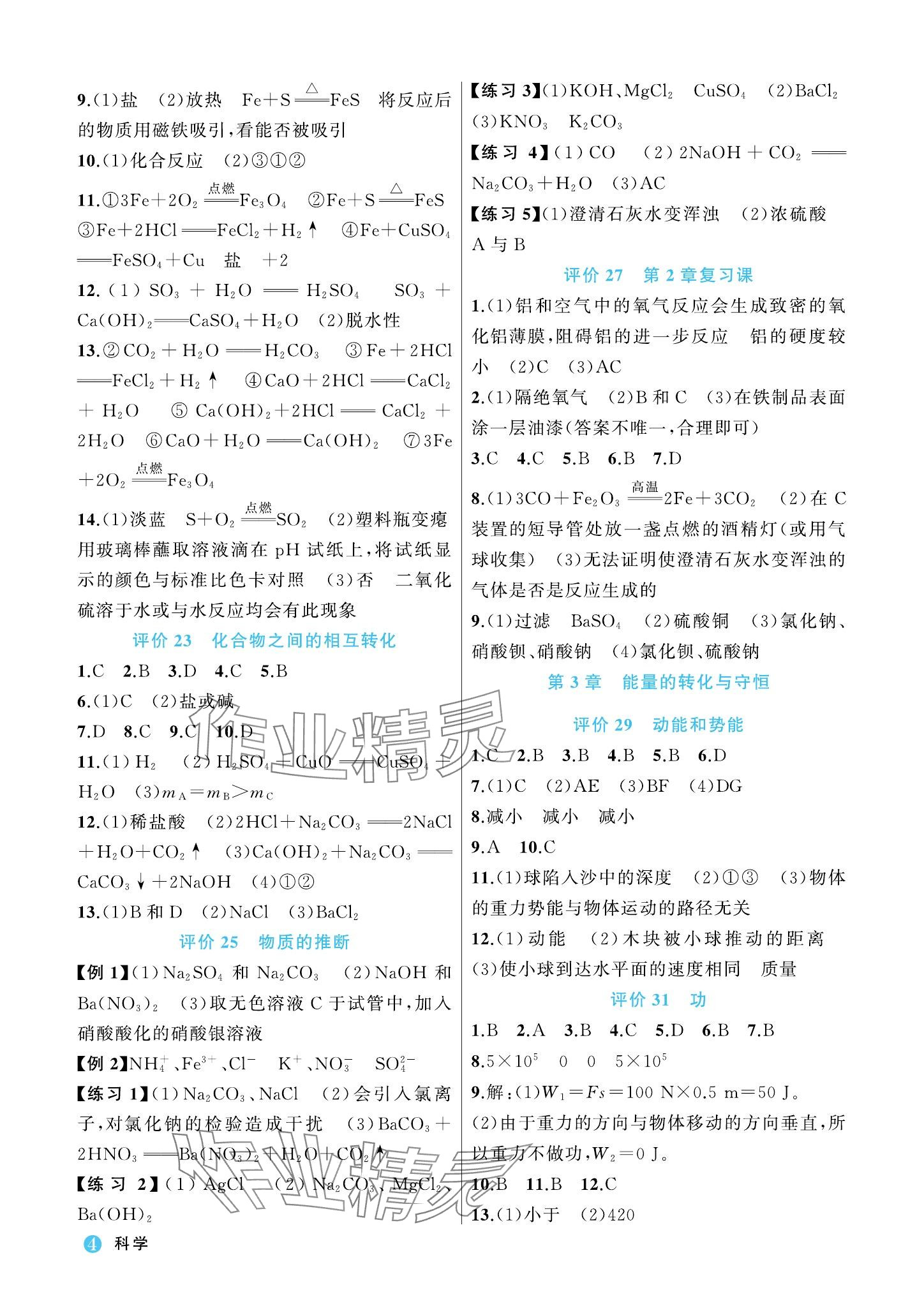 2023年名師面對面學(xué)科素養(yǎng)評價九年級科學(xué)全一冊浙教版 參考答案第4頁