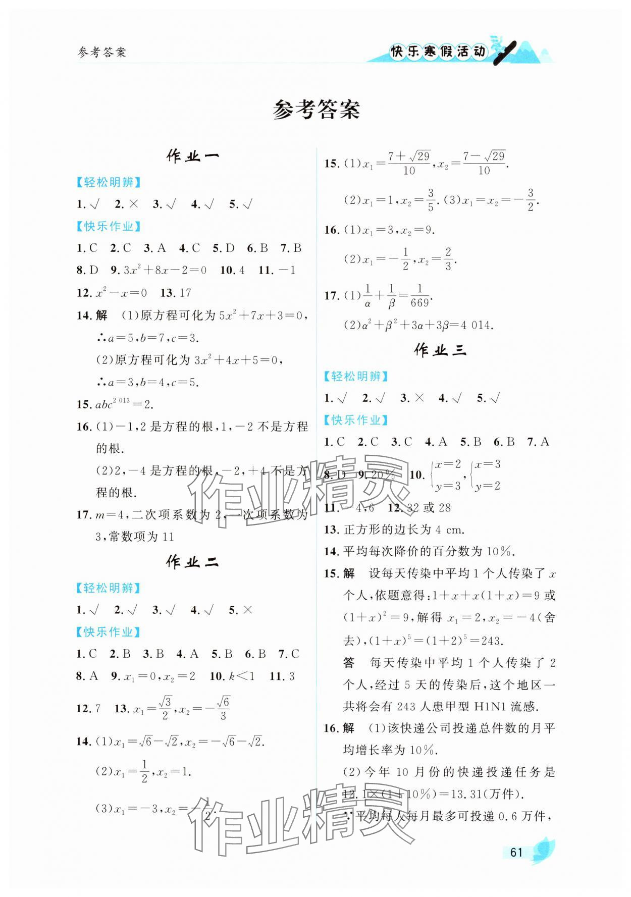2025年快樂寒假活動九年級數學人教版 第1頁