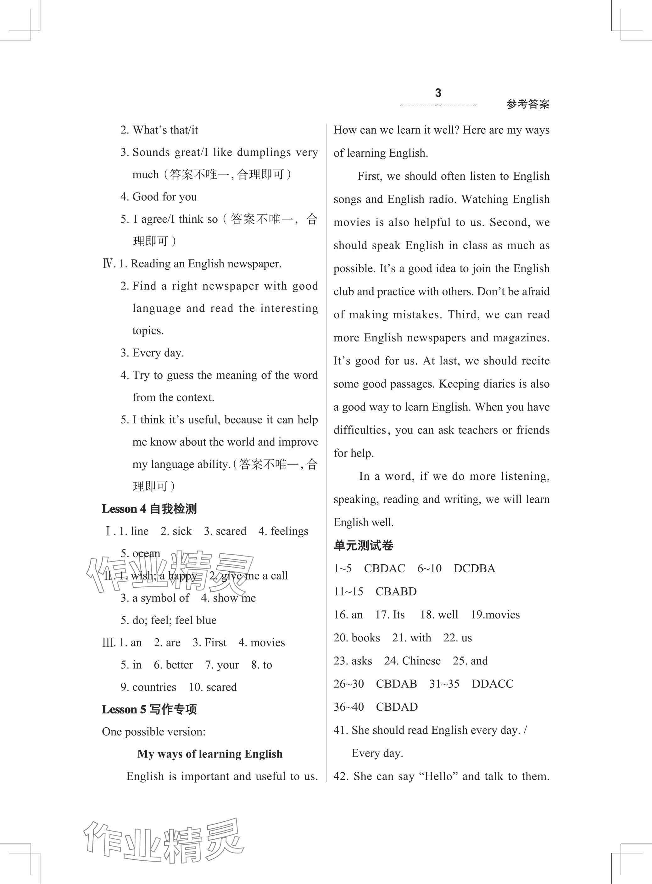 2025年配套綜合練習甘肅七年級英語上冊冀教版 參考答案第3頁