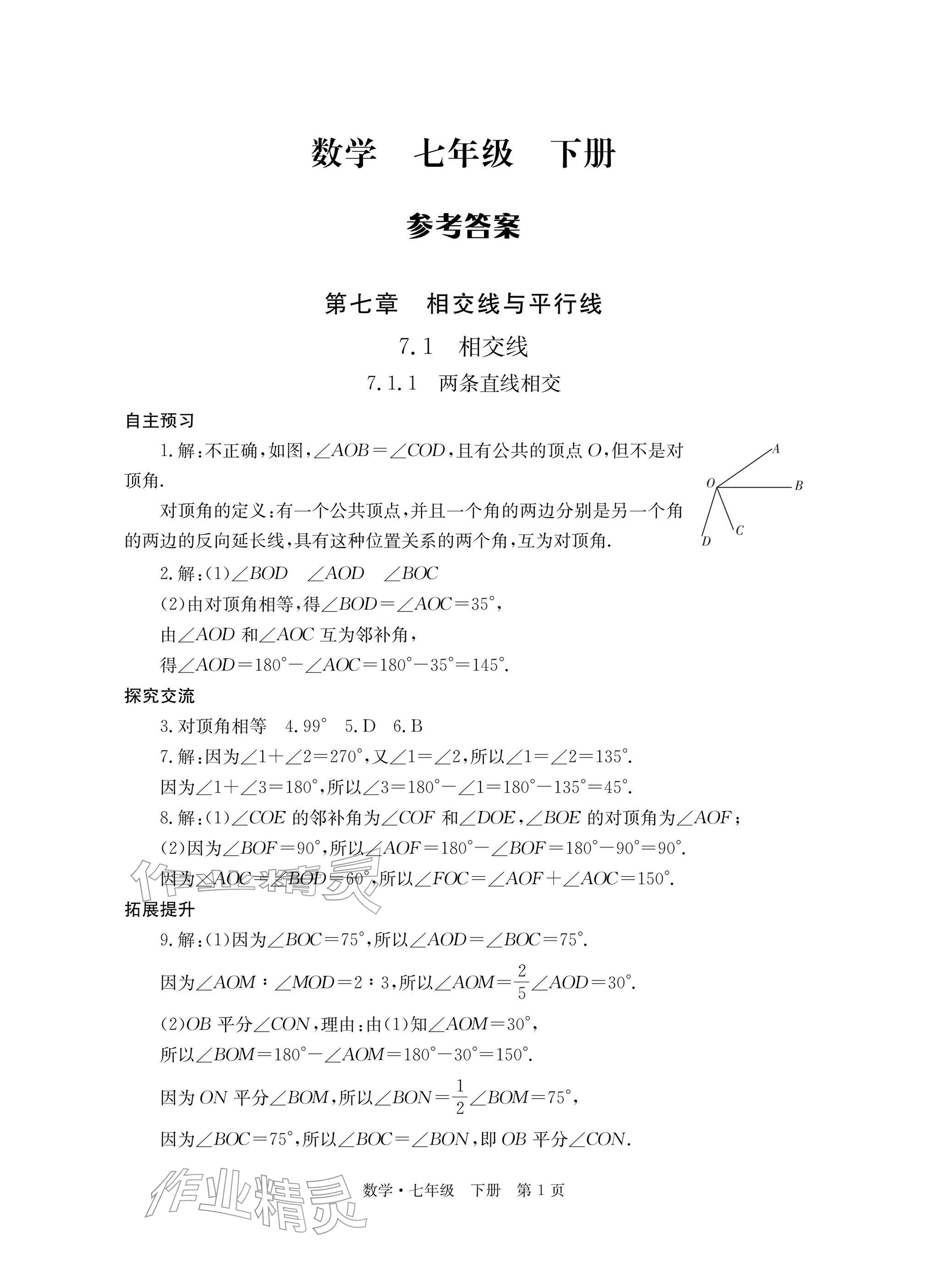 2026年自主学习指导课程与测试七年级数学下册人教版&nbsp;参考答案第1页