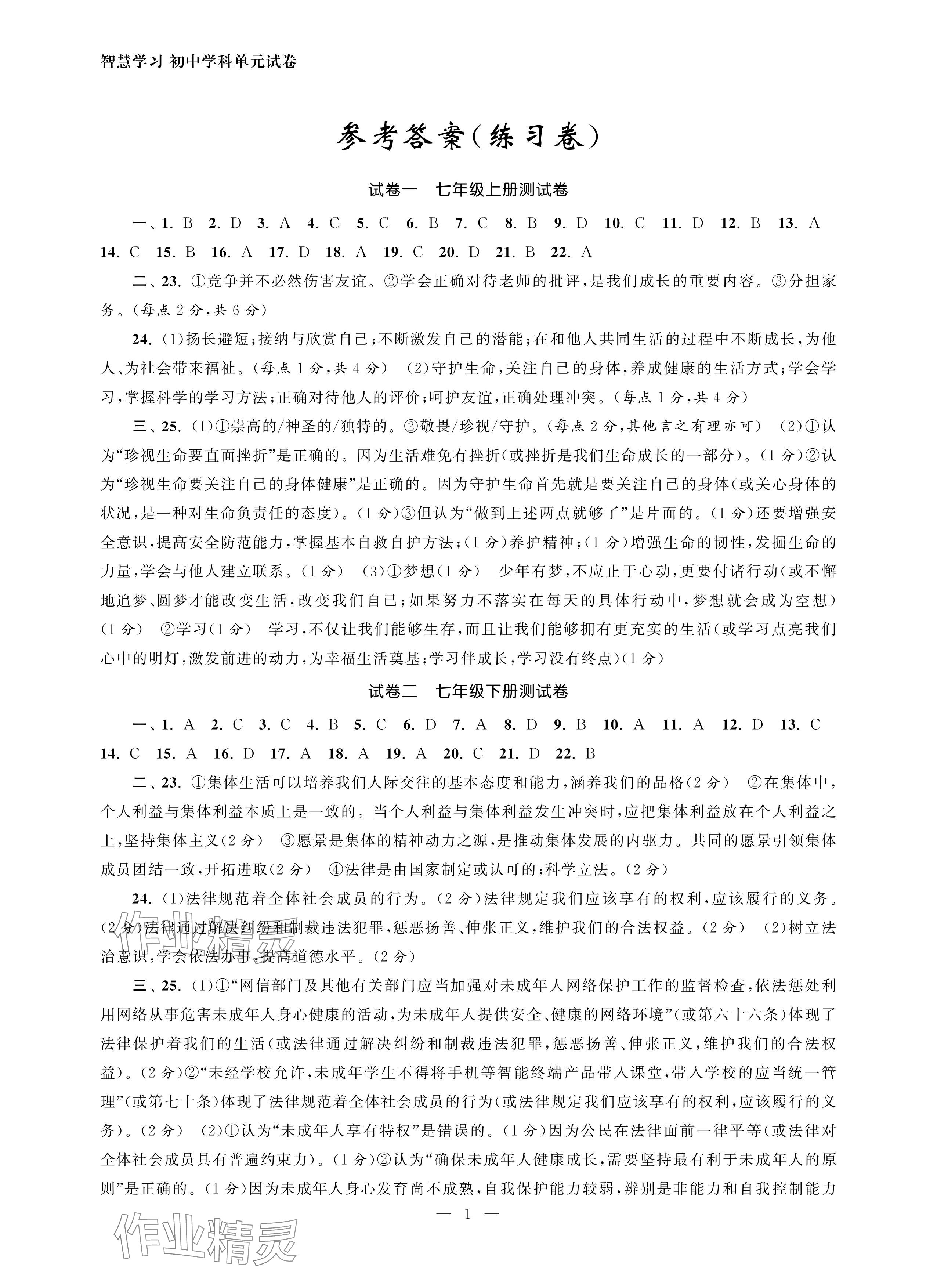 2024年智慧学习初中学科单元试卷九年级.总复习道德与法治 参考答案第1页