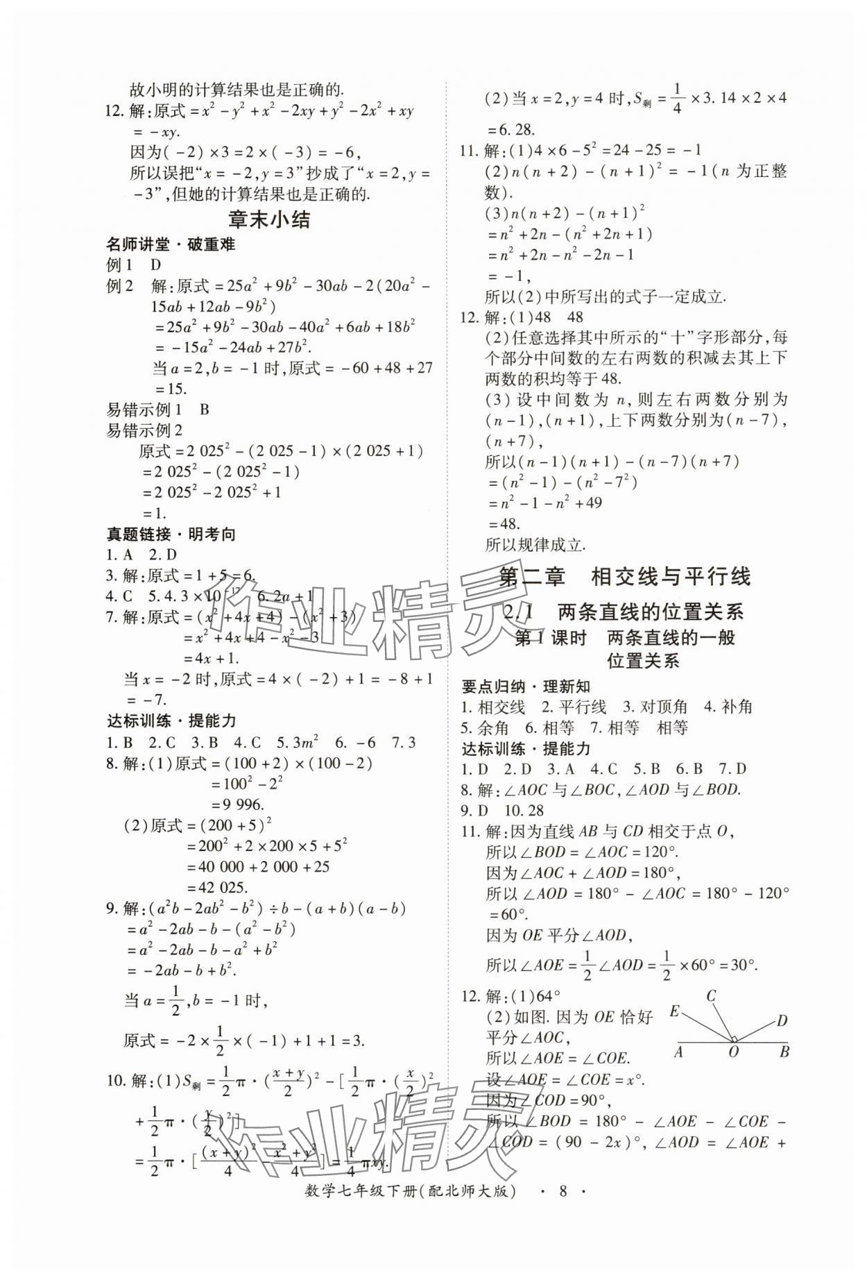 2025年一課一練創(chuàng)新練習七年級數(shù)學下冊北師大版 參考答案第8頁