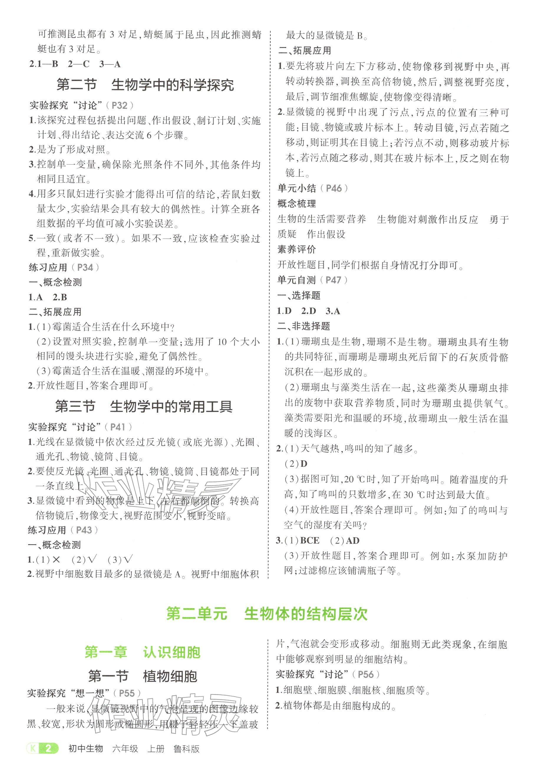 2025年教材课本六年级生物上册鲁科版五四制 参考答案第2页