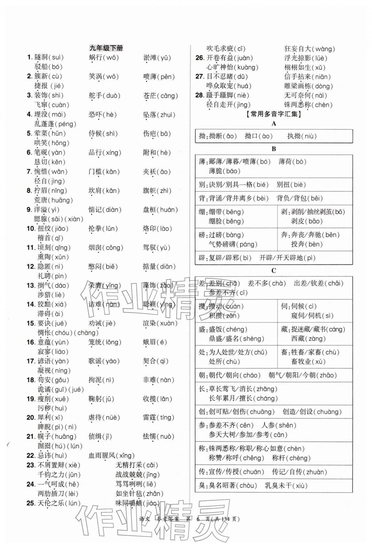 2026年中考高效复习学与教语文广州专版&nbsp;参考答案第6页