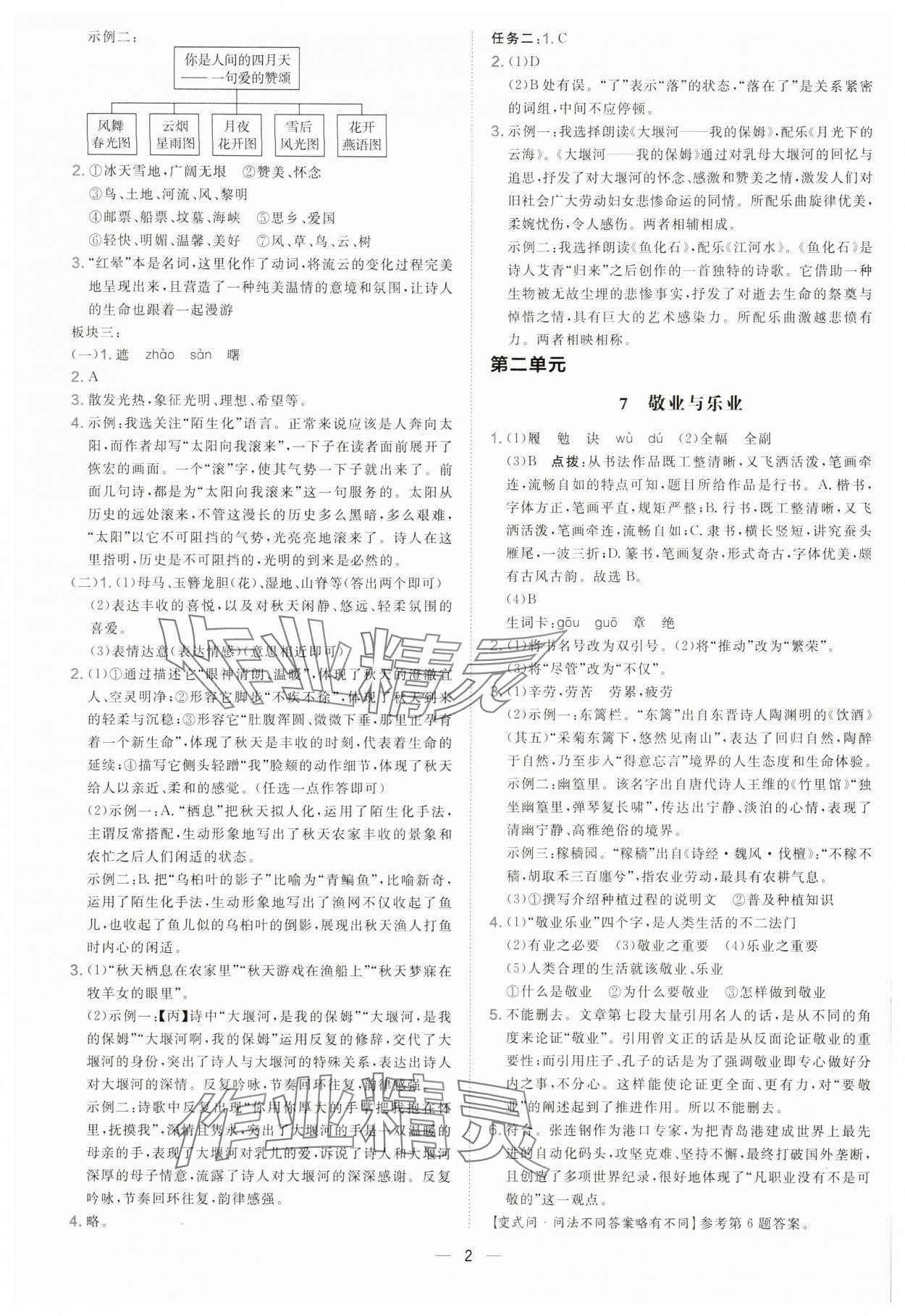 2025年點(diǎn)撥訓(xùn)練九年級語文上冊人教版安徽專版 參考答案第2頁