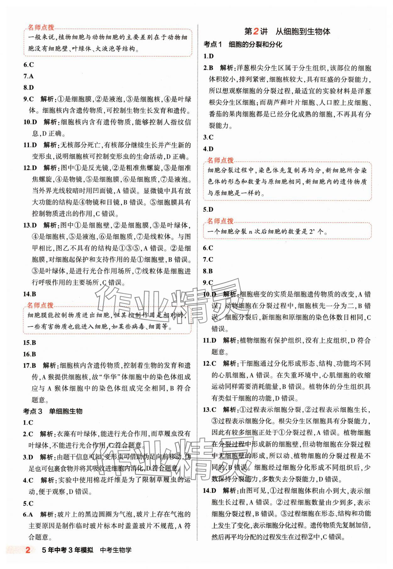 2025年5年中考3年模擬生物 參考答案第2頁