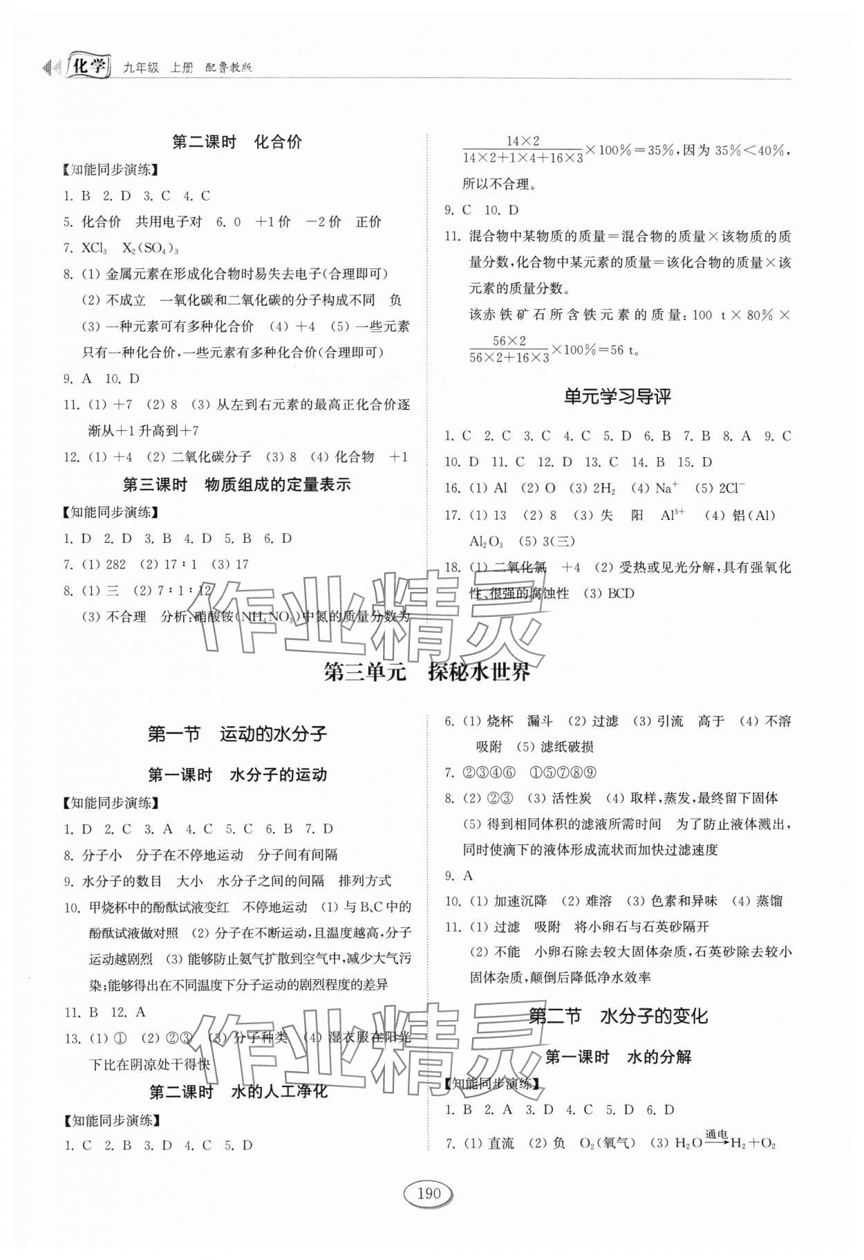 2024年同步練習(xí)冊山東科學(xué)技術(shù)出版社九年級化學(xué)上冊魯教版 參考答案第3頁