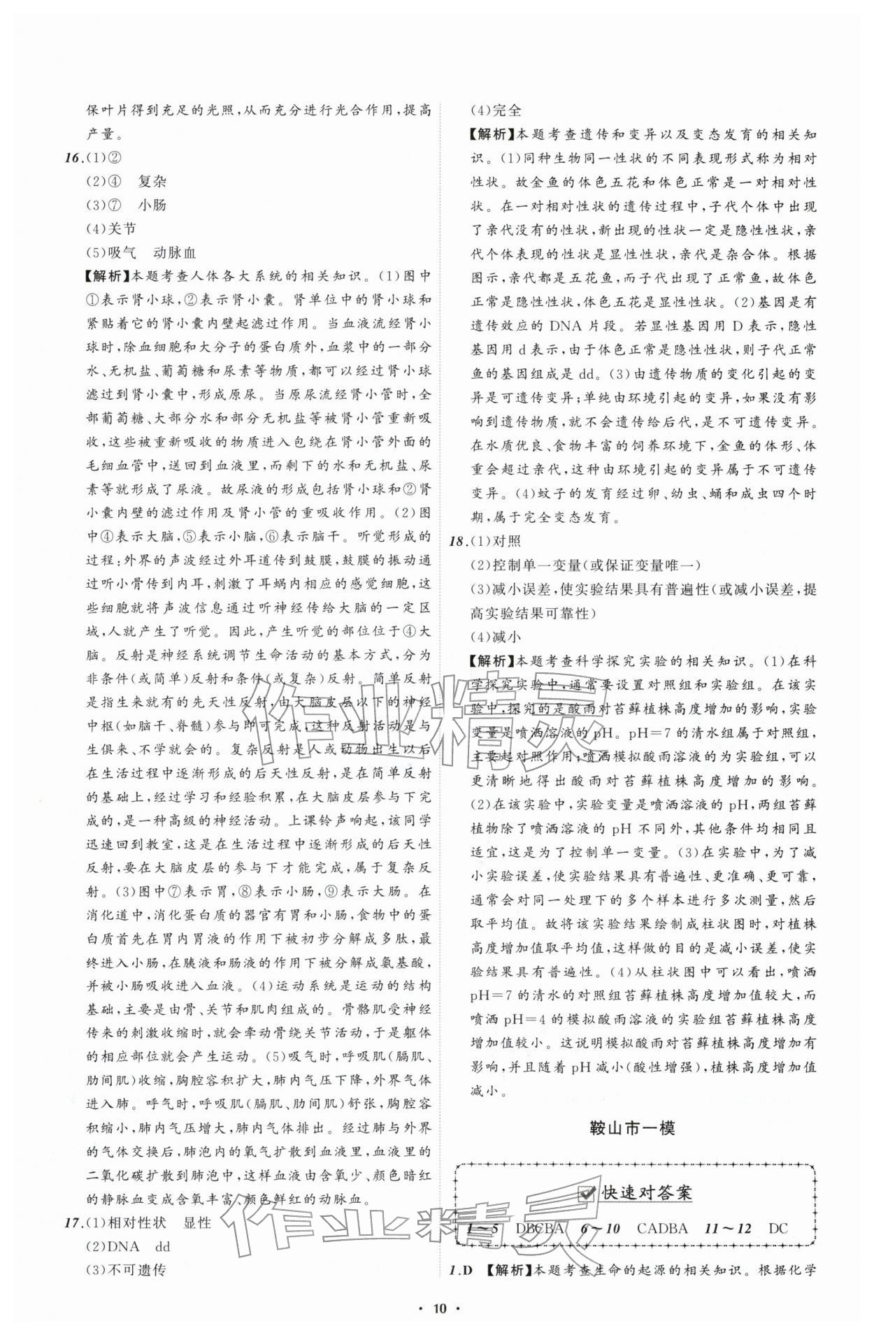 2026年中考必备辽宁师范大学出版社生物辽宁专版&nbsp;参考答案第10页