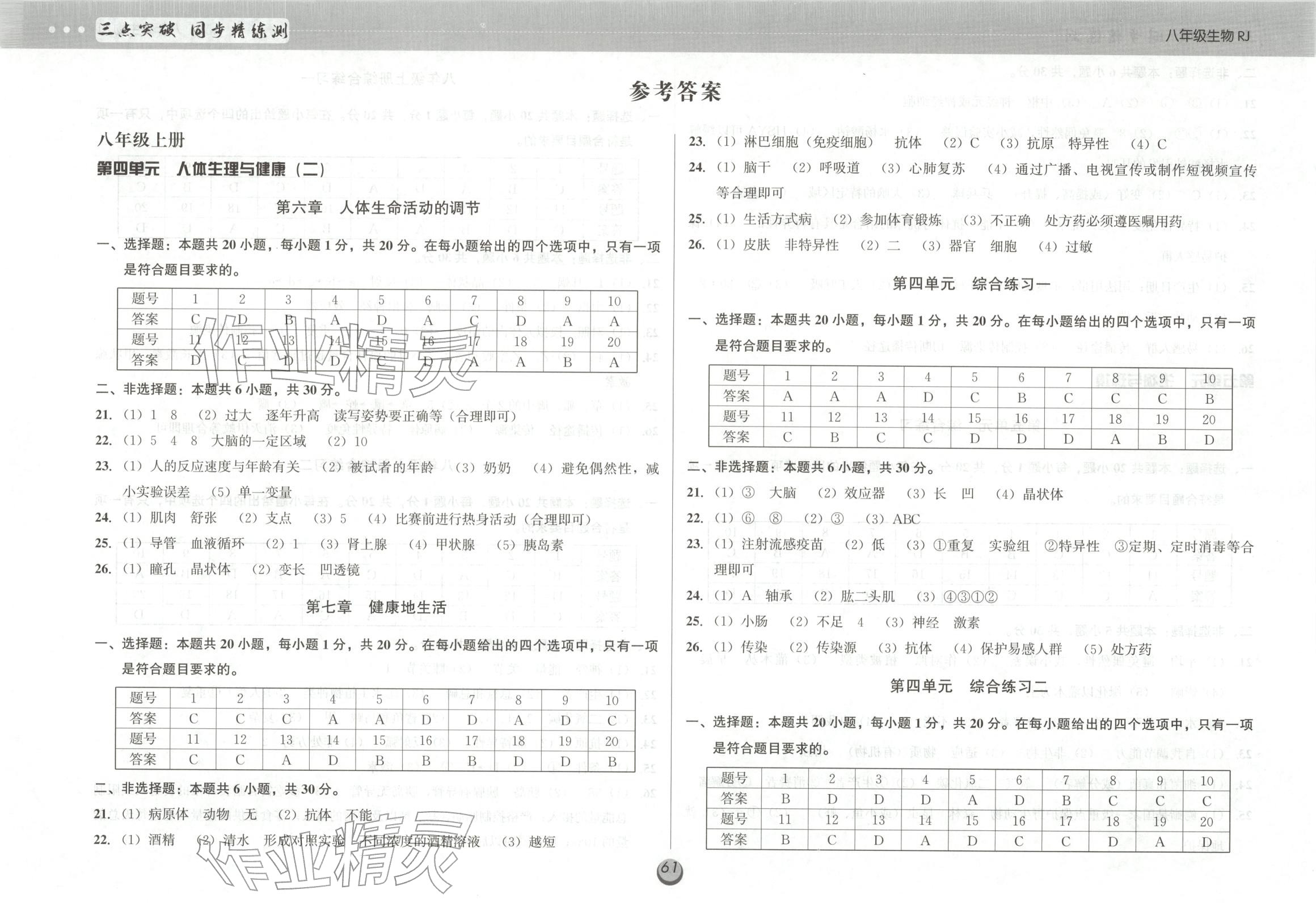 2025年三点突破同步精练测八年级生物全一册人教版 第1页