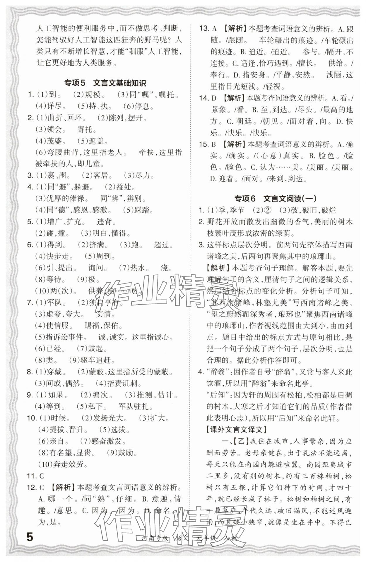 2023年王朝霞各地期末試卷精選九年級語文上冊人教版河南專版 參考答案第5頁