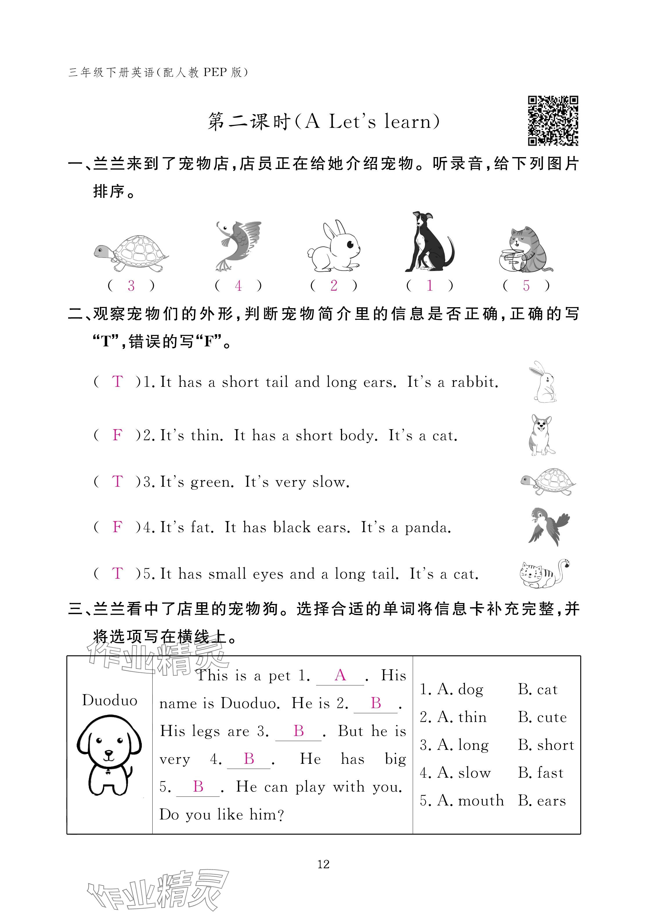 2025年作业本江西教育出版社三年级英语下册人教版 参考答案第12页