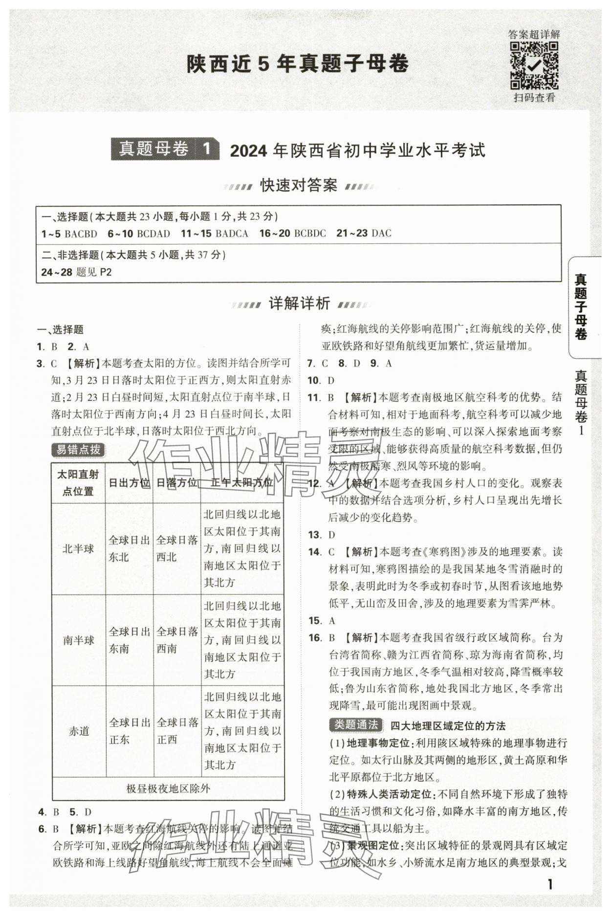 2025年萬唯中考真題子母卷地理中考陜西專版 參考答案第1頁