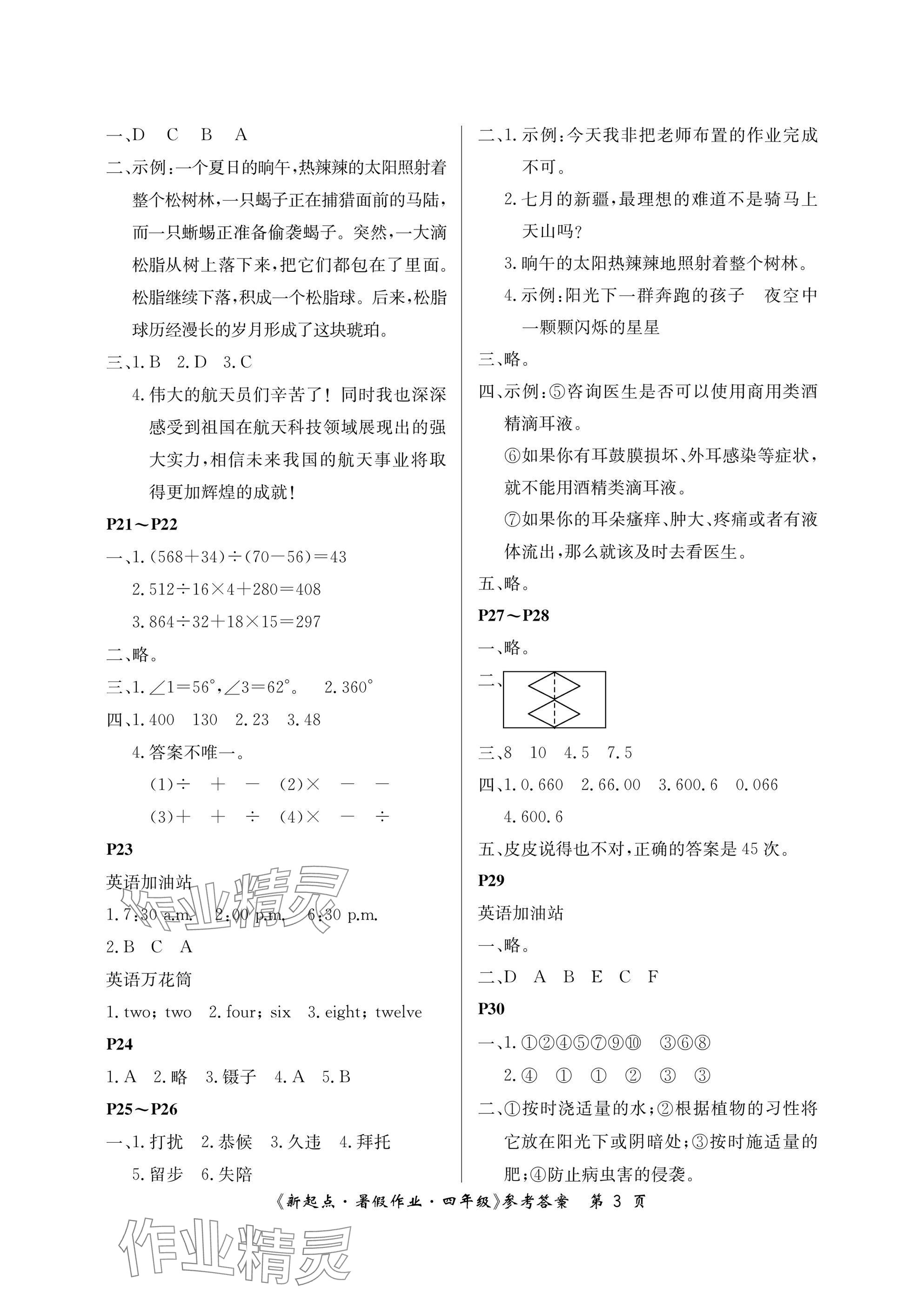2025年新起點暑假作業(yè)四年級合訂本 參考答案第3頁