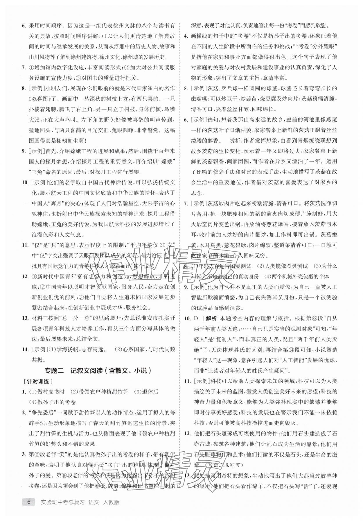 2025年实验班中考总复习语文人教版江苏专版 参考答案第6页