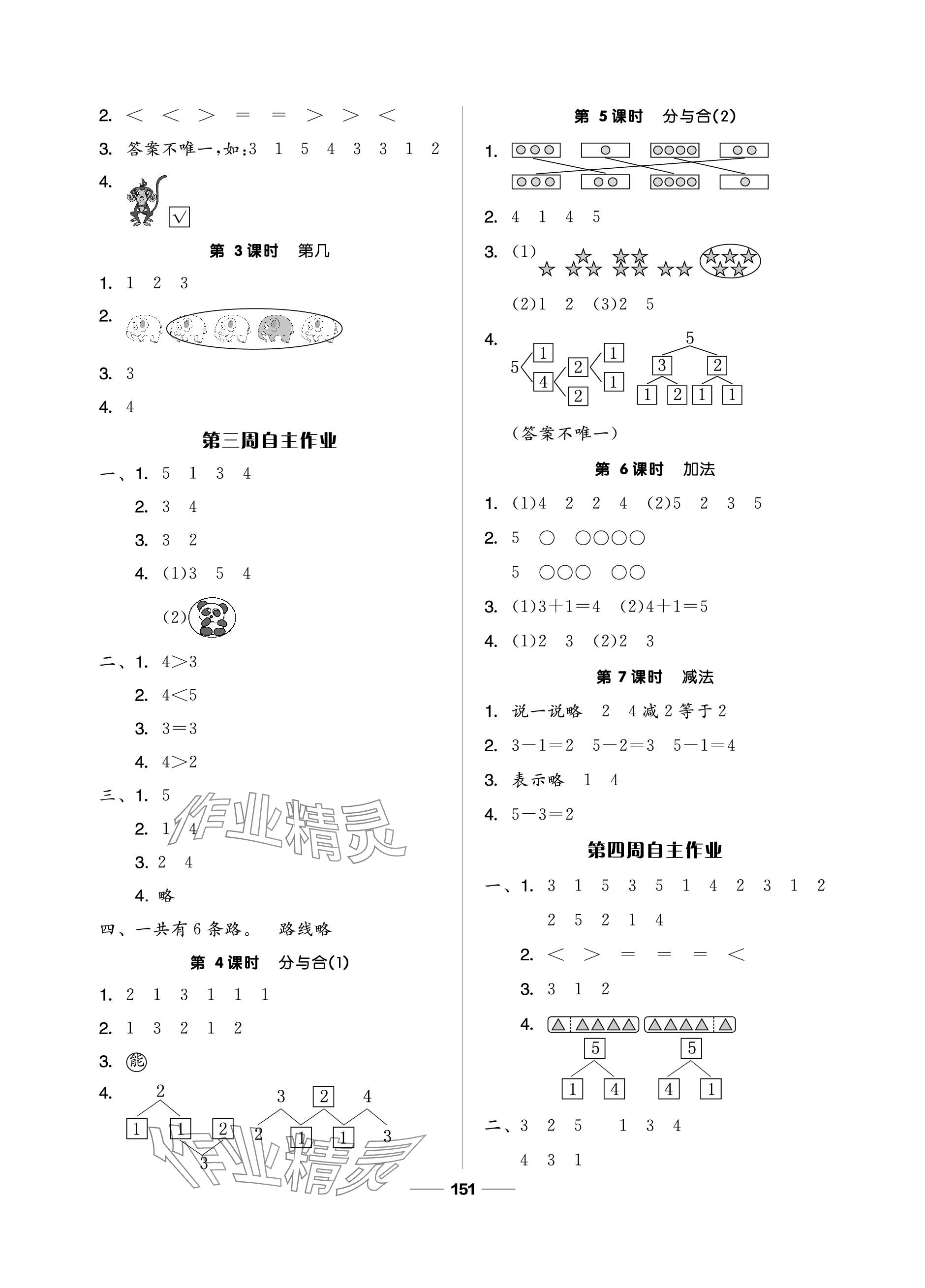 2023年新思維伴你學(xué)單元達(dá)標(biāo)測試卷一年級(jí)數(shù)學(xué)上冊(cè)人教版 參考答案第3頁