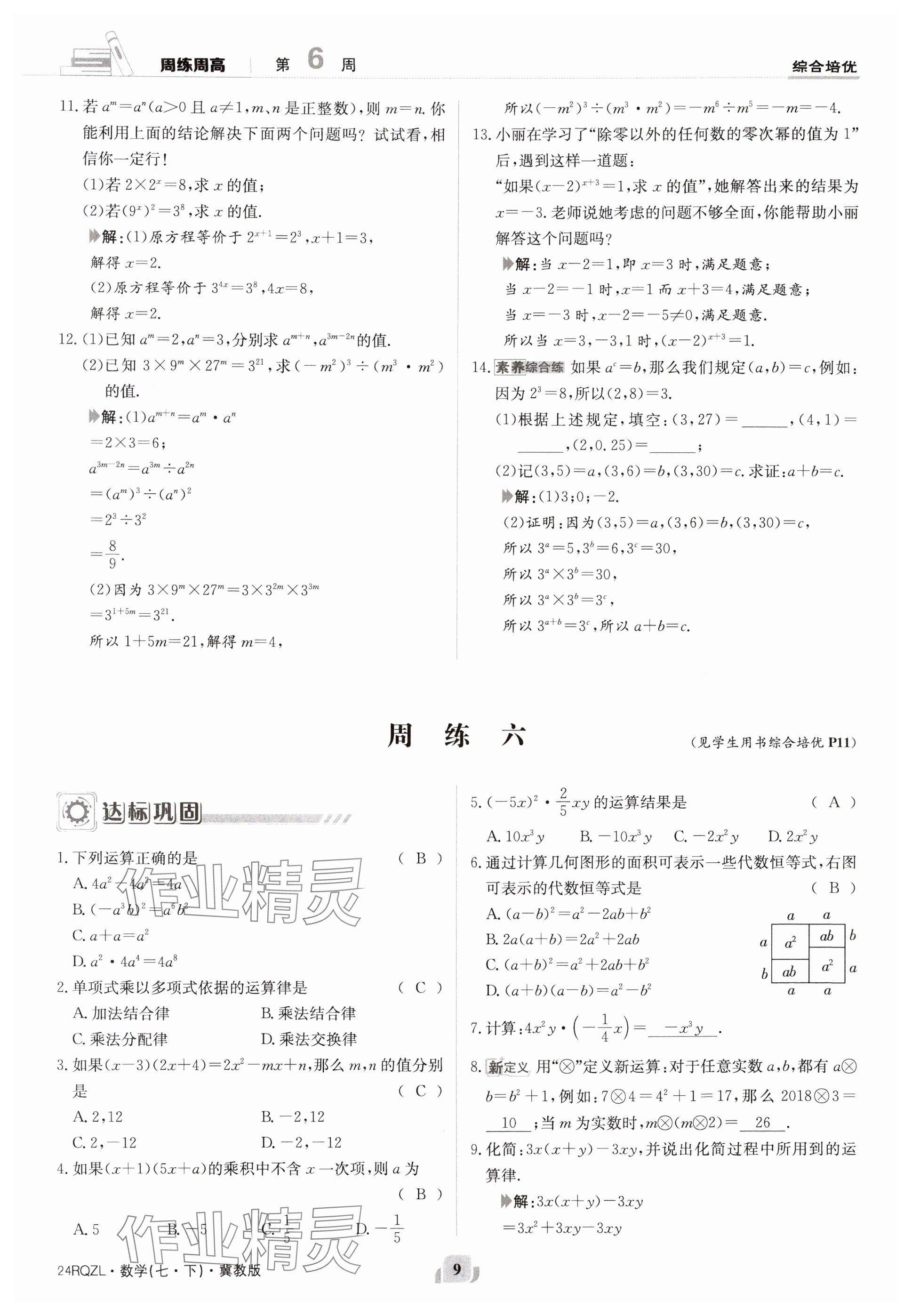 2024年日清周练七年级数学下册冀教版 参考答案第9页