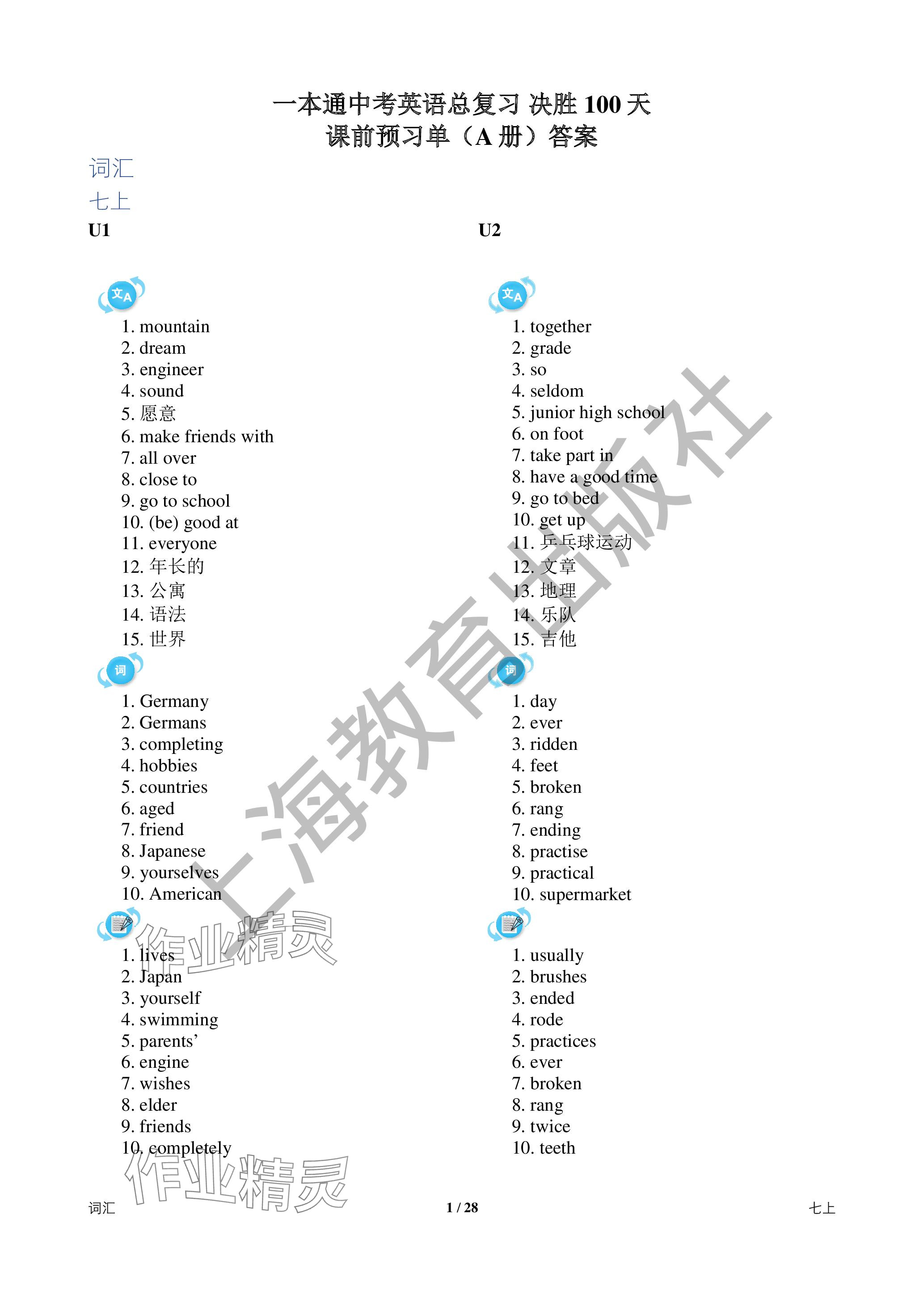 2024年中考英語(yǔ)總復(fù)習(xí)決勝100天深圳專版 參考答案第1頁(yè)