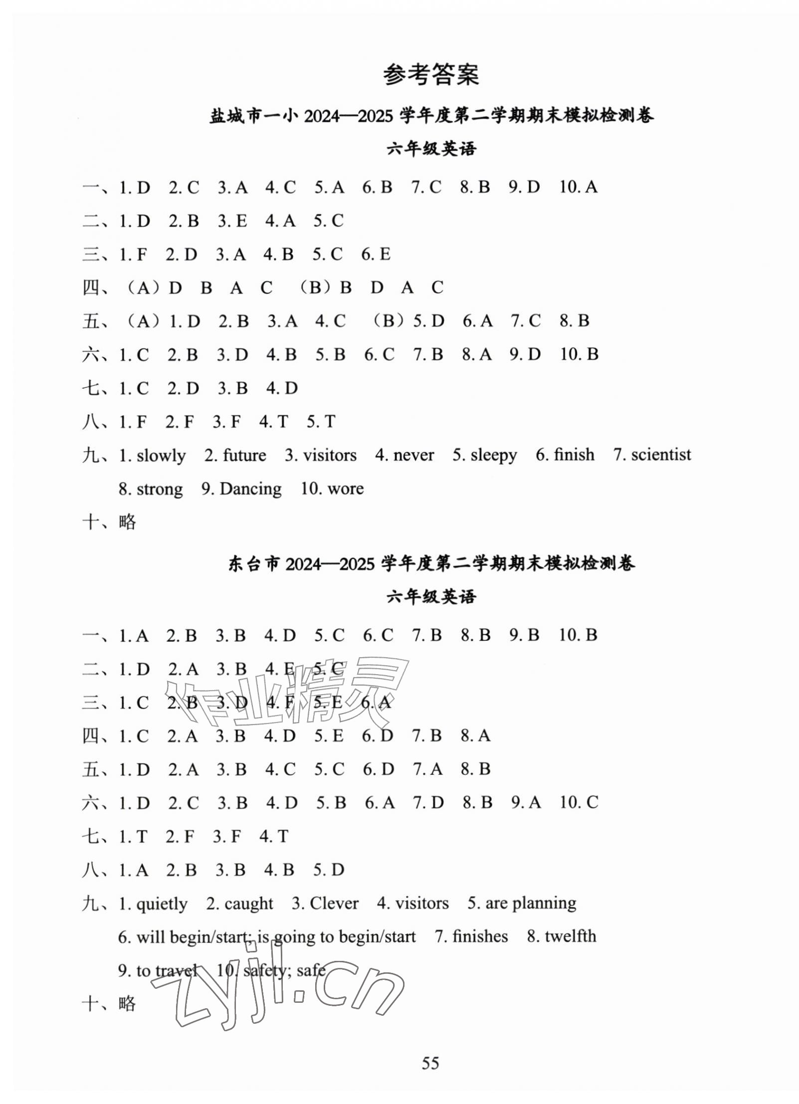 2026年盐城市小学期末试卷精编六年级英语下册译林版&nbsp;参考答案第1页
