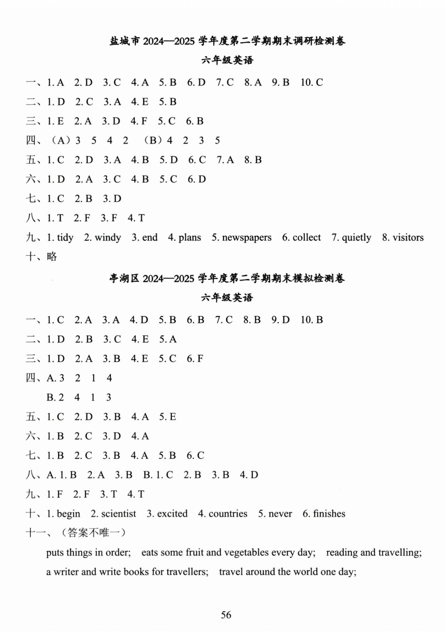 2026年盐城市小学期末试卷精编六年级英语下册译林版&nbsp;参考答案第2页
